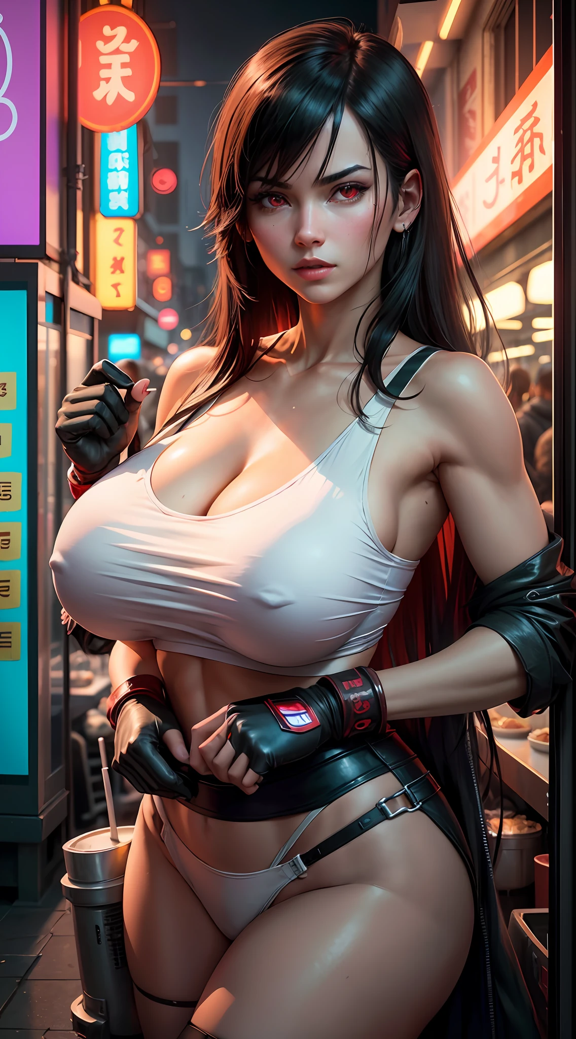 Tifa lockhart, tifa_lockhart, ff7, sultry face, (white tank top:1.2), black miniskirt, (black long hair), hair bangs (red eyes:1.3) long eyelashes, beautiful red eyes with brightness, surrealism, shadow, stereogram, (photorealistic, realistic: 1.2), POV, atmospheric perspective, cinematic lighting, ray tracing, 8k, super detail, best quality, masterpiece, well detailed, (Canan EOS R6, 135mm, 1/1250s, f/2.8, ISO 400:0.9), cyberpunk, neon, neon signs, ramen shops, (huge breasts:1.5) red gloves --auto --s2
