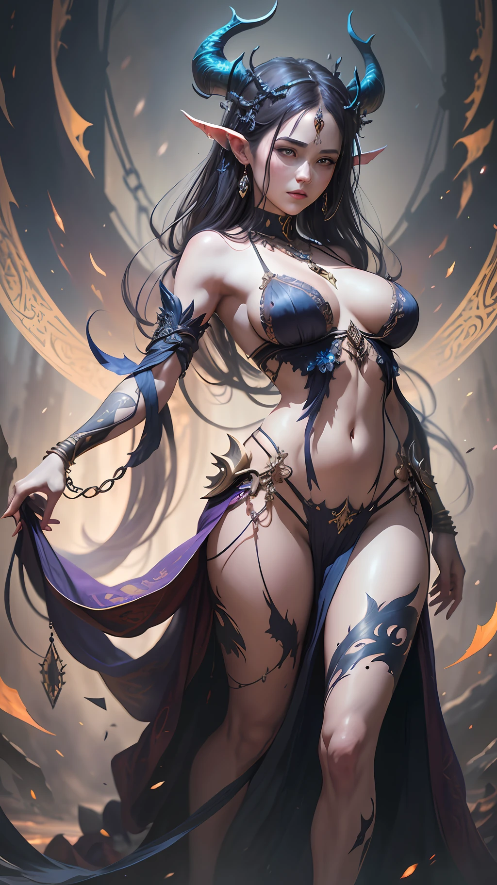 Beautiful photorealistic photograph of demonic woman wearing delicate intricate jewelry chains, small horns, asian eyes, huge breasts, full body, dynamic pose, ethereal background, abstract beauty, approaching perfection, pure form, concept art, by Brian Froud and Carne Griffiths and Wadim Kashin and John William Waterhouse, intricate details, 8k post production, high resolution, hyperdetailed, trending on artstation, sharp focus, studio photo, intricate details, highly detailed, by greg rutkowski