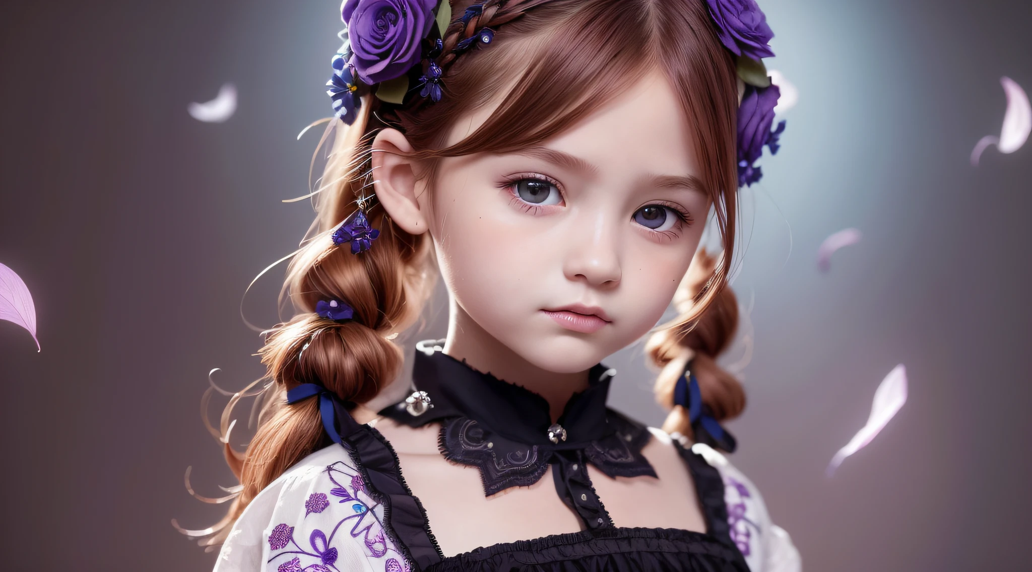 high quality, low contrast, package art, perfect anatomy, petals, flowers, leaves, cute, cute, cute girl child 10 years old, flush, detailed face, detailed eye, detailed cloth, redhead of braids, violet, purple, ornate stained glass windows on background, pink, skull, determined eyes, night sky, dim lighting, portrait, cameo