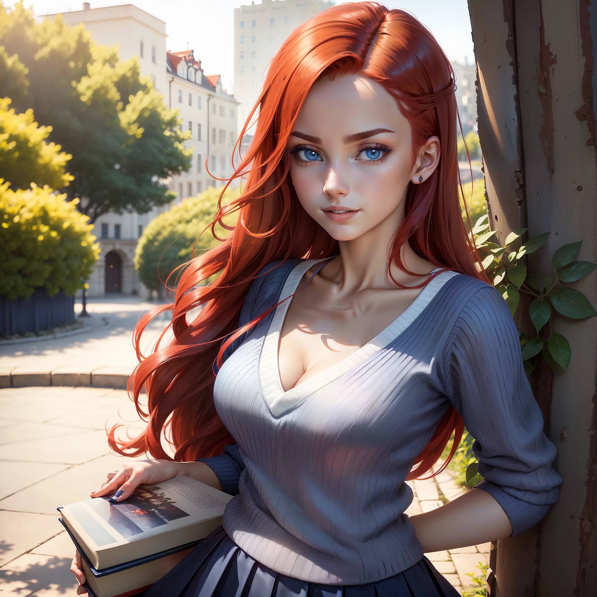 (dramatic illumination, dynamic angle, intense color contrast), (solo) (portrait of young olive skinned woman), (with straight red hair:1.2), (blue eyes), ((wearing white pleated skirt)), (((wearing navy blue v-neck sweater:1.2))), (outdoors in park), carrying books, shy smile,