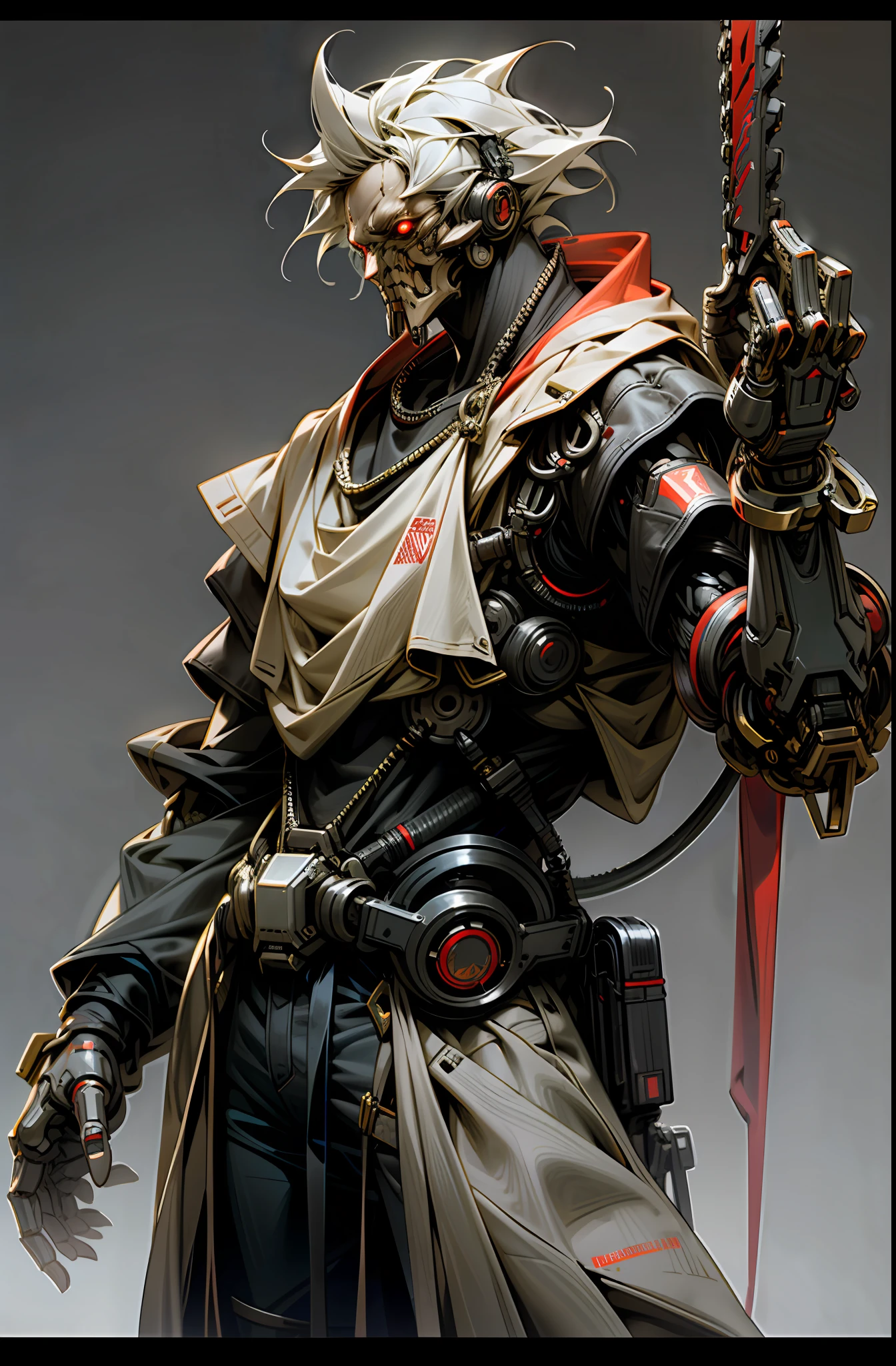 Dark Fantasy, Cyberpunk, Mechanical Marvel, Chain Saw, Chain Saw Man, Red:1.1, Cybernetic Guardian, Robotic Presence, 1 Person