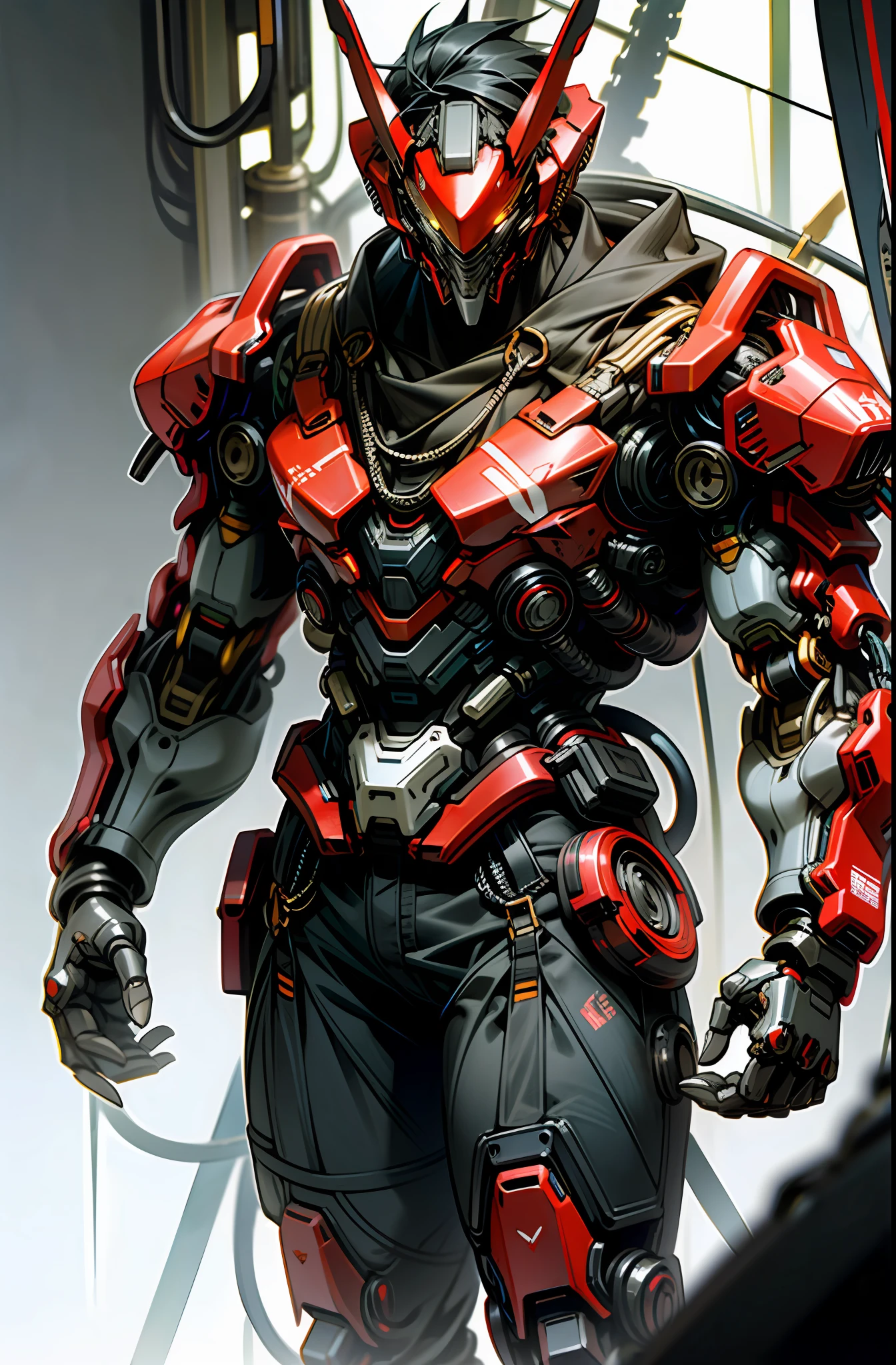 Dark Fantasy, Cyberpunk, Mechanical Marvel, Chain Saw, Chain Saw Man, Red:1.1, Cybernetic Guardian, Robotic Presence, 1 Person