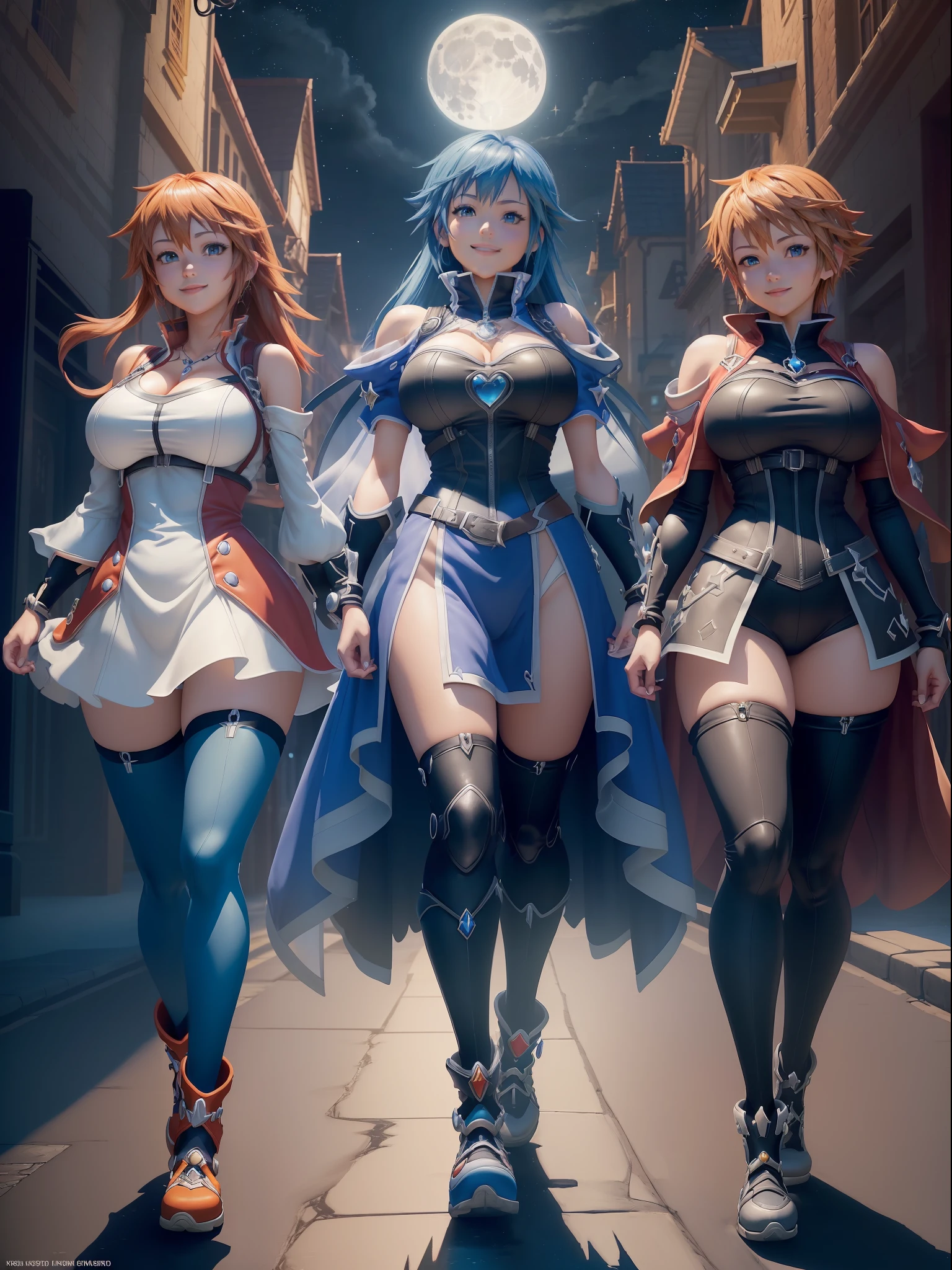 (Full body photo:1.5), (One/Woman/as Sora protagonist of Kingdom Hearts:1.5), (Big breasts:1.7), (Wearing the full outfit of Sora from kingdom hearts:1.3), (Looking at the viewer/smiling:1.3), (She walking inside a magical city/at night/with a full moon in the sky:1.5), (She has the hair of Sora from kingdom hearts:1.5), (blue eyes:1.5), (extremely tight body suit:1.5), (doing sexy standing poses:1.2), (Kingdom Hearts, award-winning, UHD, anime, high detail, 16k, high quality, masterpiece)
