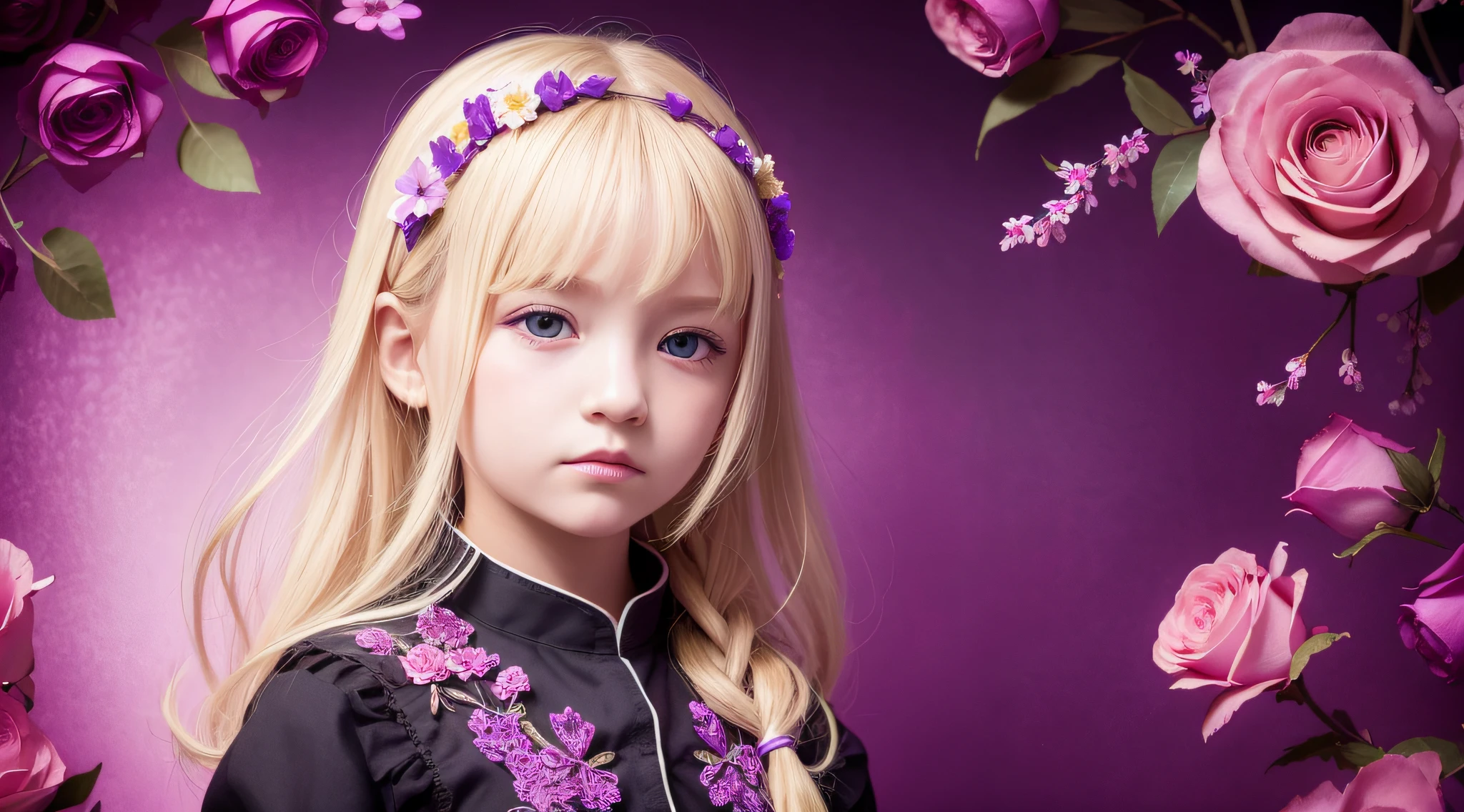 high quality, low contrast, package art, perfect anatomy, petals, flowers, leaves, cute, cute, cute girl child , flush, detailed face, detailed eye, detailed cloth, blonde, violet, purple, red background, pink, skull, determined eyes, night sky, dim lighting, portrait, cameo