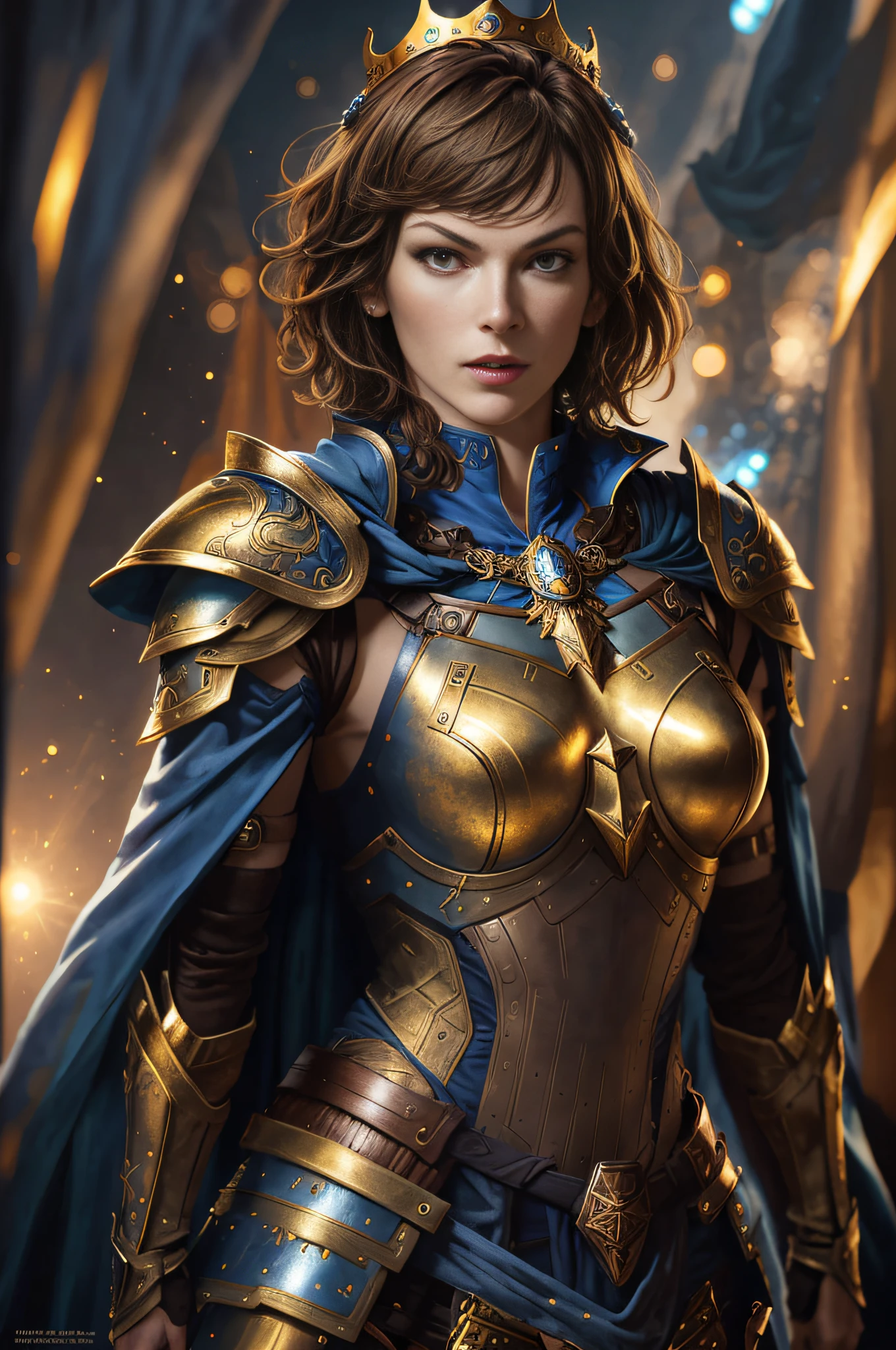 Milla Jovovich, short brown hair, godly eyes, young, blue cape, metal armor, wearing a small golden crown