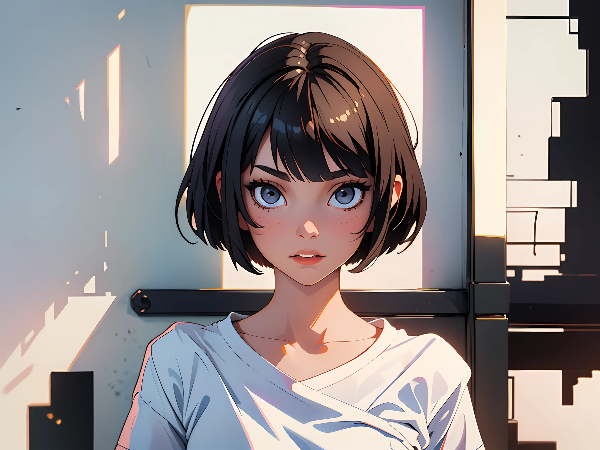 (best quality, masterpiece), 1girl, black bob cut hair, ((white tshirt)), pick up a piece of photo, white background walls