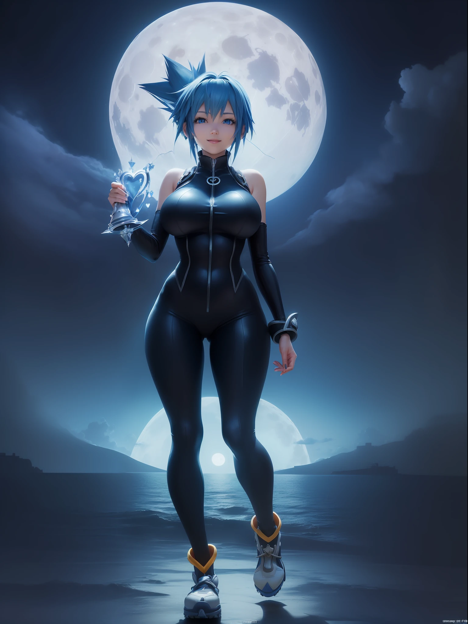 (Full body photo:1.5), (Woman/alone/as Sora protagonist of Kingdom Hearts:1.5), (Big breasts:1.7), (Wearing the full outfit of Sora from Kingdom Hearts:1.3), (Looking at the viewer/smiling:1.3), (She walking inside a magical city/at night/with a full moon in the sky:1.5), (She has Sora's hair from the hearts of the kingdom:1.5),   (blue eyes:1.5), (extremely tight body suit:1.5), (doing sexy poses while standing:1.2), (Kingdom Hearts, award-winning, UHD, anime, high detail, 16k, high quality, masterpiece)