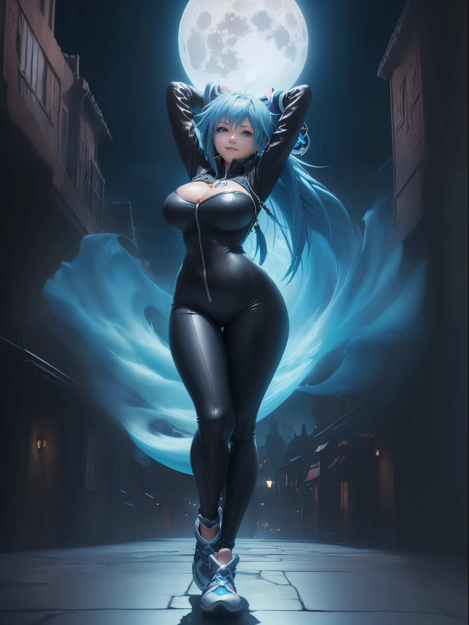 (Full body photo:1.5), (Woman/alone/as Sora protagonist of Kingdom Hearts:1.5), (:1.7), (Wearing the full outfit of Sora from Kingdom Hearts:1.3), (Looking at the viewer/smiling:1.3), (She walking inside a magical city/at night/with a full moon in the sky:1.5), (She has Sora's hair from the hearts of the kingdom:1.5),   (blue eyes:1.tremely tight body suit:1.5), (doing  poses while standing:1.2), (Kingdom Hearts, award-winning, UHD, anime, high detail, 16k, high quality, masterpiece)