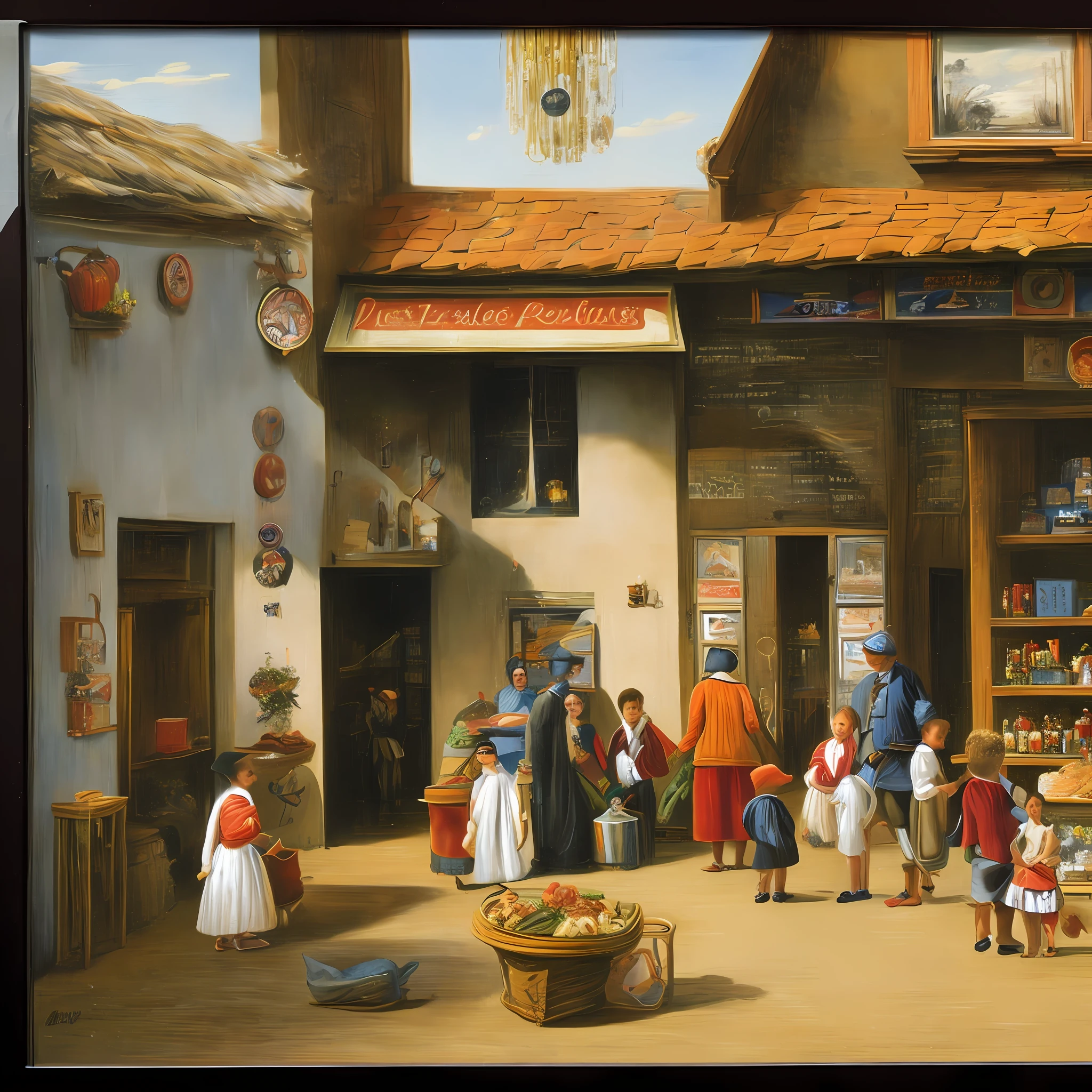 Oil painting, ancient times, a very rustic grocery store, with a counter full of sweets, a child shopping and an old gentleman attending to the child who is with his skinny pet dog