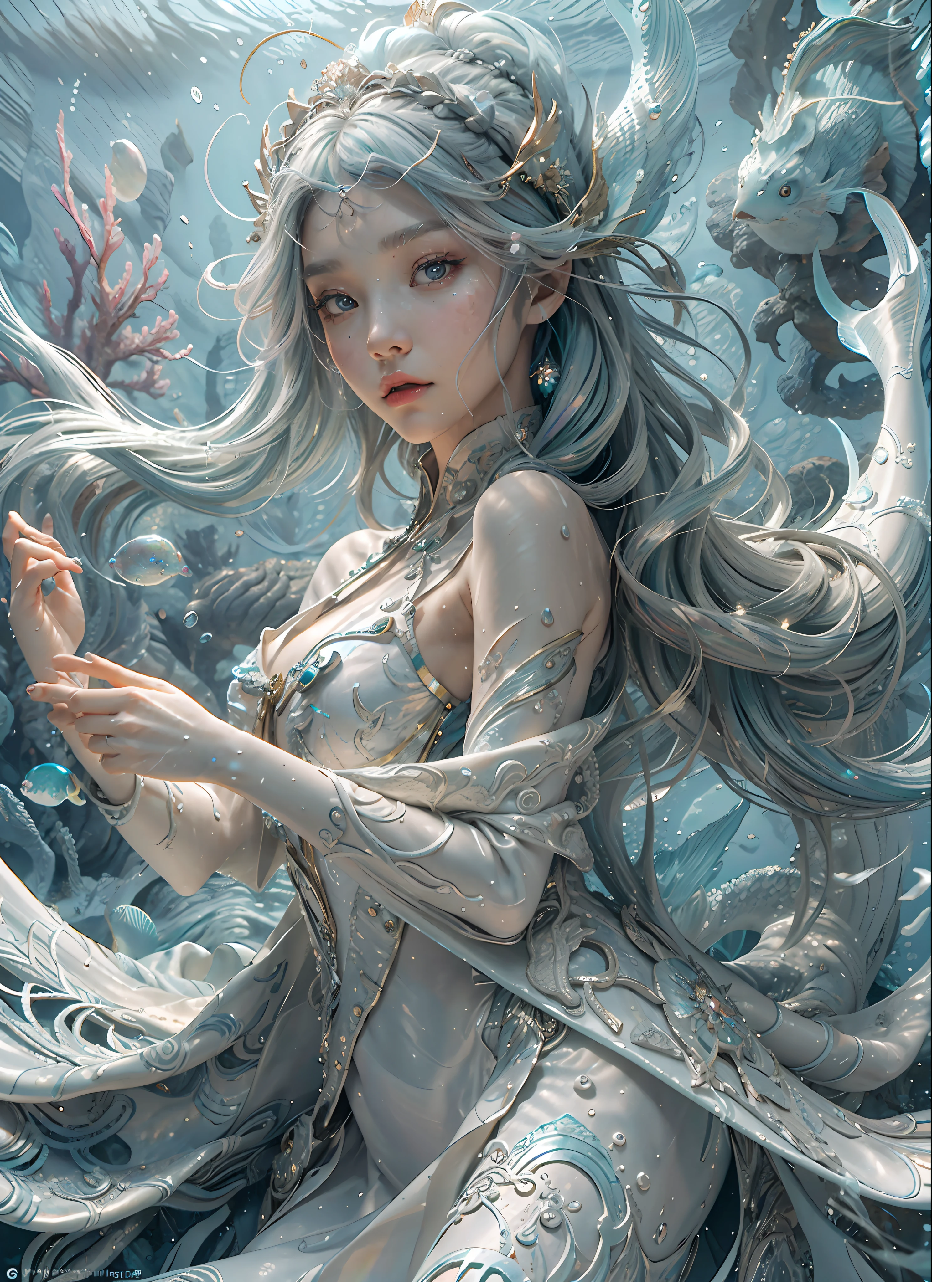 girl, 18 years old, small breast, wearing white dress, Flowing robes, detailed dress ornament, flowing hair, glowing hair, hair ornament, light on face, intricate magical circles, glowing runes, shimmering aura, intense focus, arcane incantations, crackling energy, levitating artifacts, ethereal staff, swirling mist, sparkling motes, mystical crystals, glowing sigils, intricate hand movements, otherworldly chanting, mysterious symbols, powerful invocation, transcendent awareness, phoenix dress, (underwater:1.8), (white dress, Iridescent rainbow hair:1.55), (((water bubbles, colorful fish, beautiful coral life))), (detailed fabric, detailed ornament:1.4), fantasy, Haircut model by Side braid, possed is Lying down pose, sharp green, shooting angle is Rim lighting shot, time is Rim Light, BREAK hyper realistic, intricate design, insanely detailed, extremely fine details, Extremely sharp lines, cinematic lighting, Photo realistic, a detailed painting by Esao Andrews and Anton Fadeev, Raw photo, high detailed, 8k, UHD, dslr, softlighting, HDR, warm light, high quality, film grain, fujifilm XT3, photorealistic, masterpiece, best quality, hyper-detailed, 8K, warm lighting, soft lighting, masterpiece, best quality, detailed, highest quality, ultra detailed, highres, cinematic light, splendid and colorful, out of focus, RAW photograph, art portrait, absurdres, high contrast, colorful, highest details,