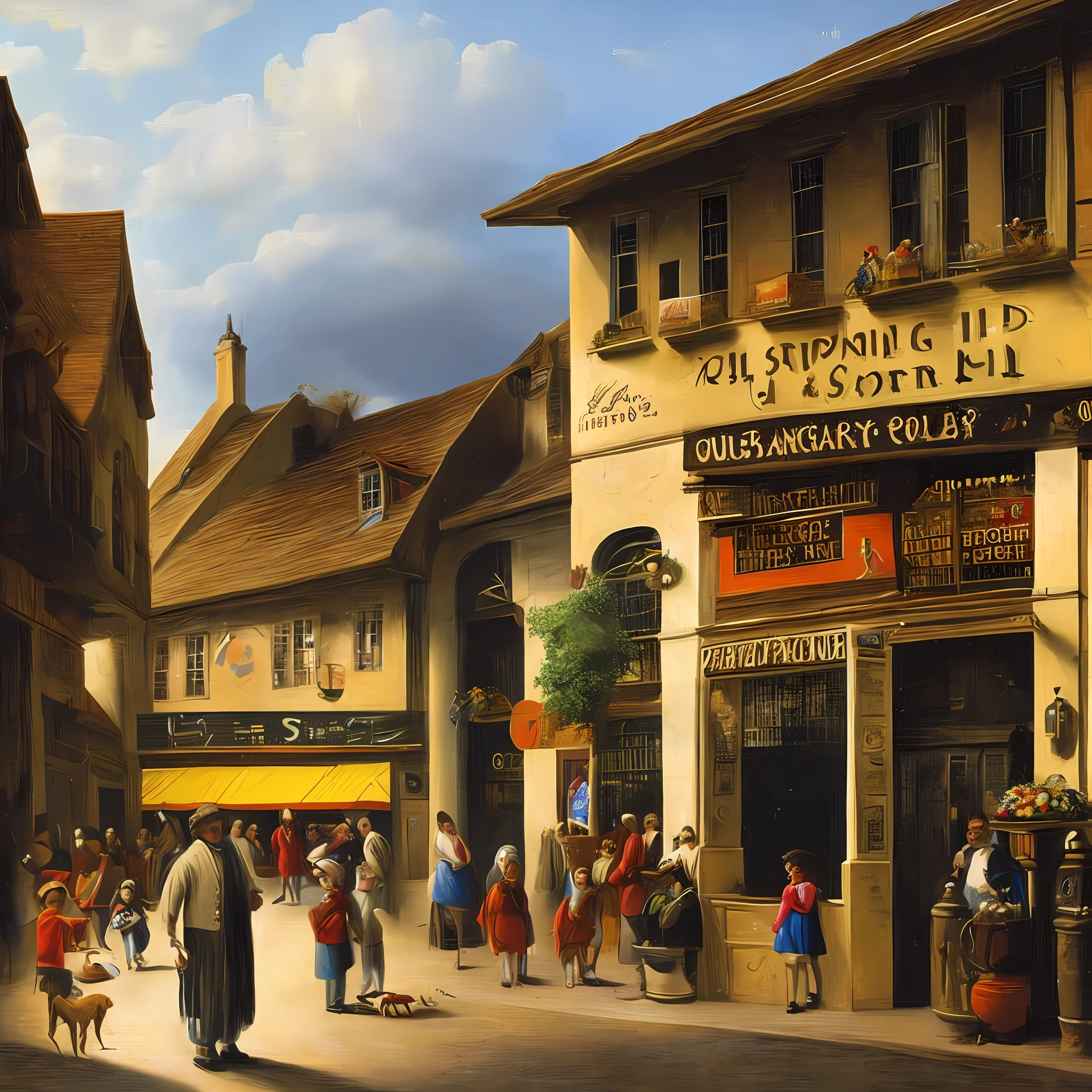 Oil painting, ancient times, a very rustic grocery store, with a counter full of sweets, a child shopping and an old gentleman attending to the child who is with his skinny pet dog