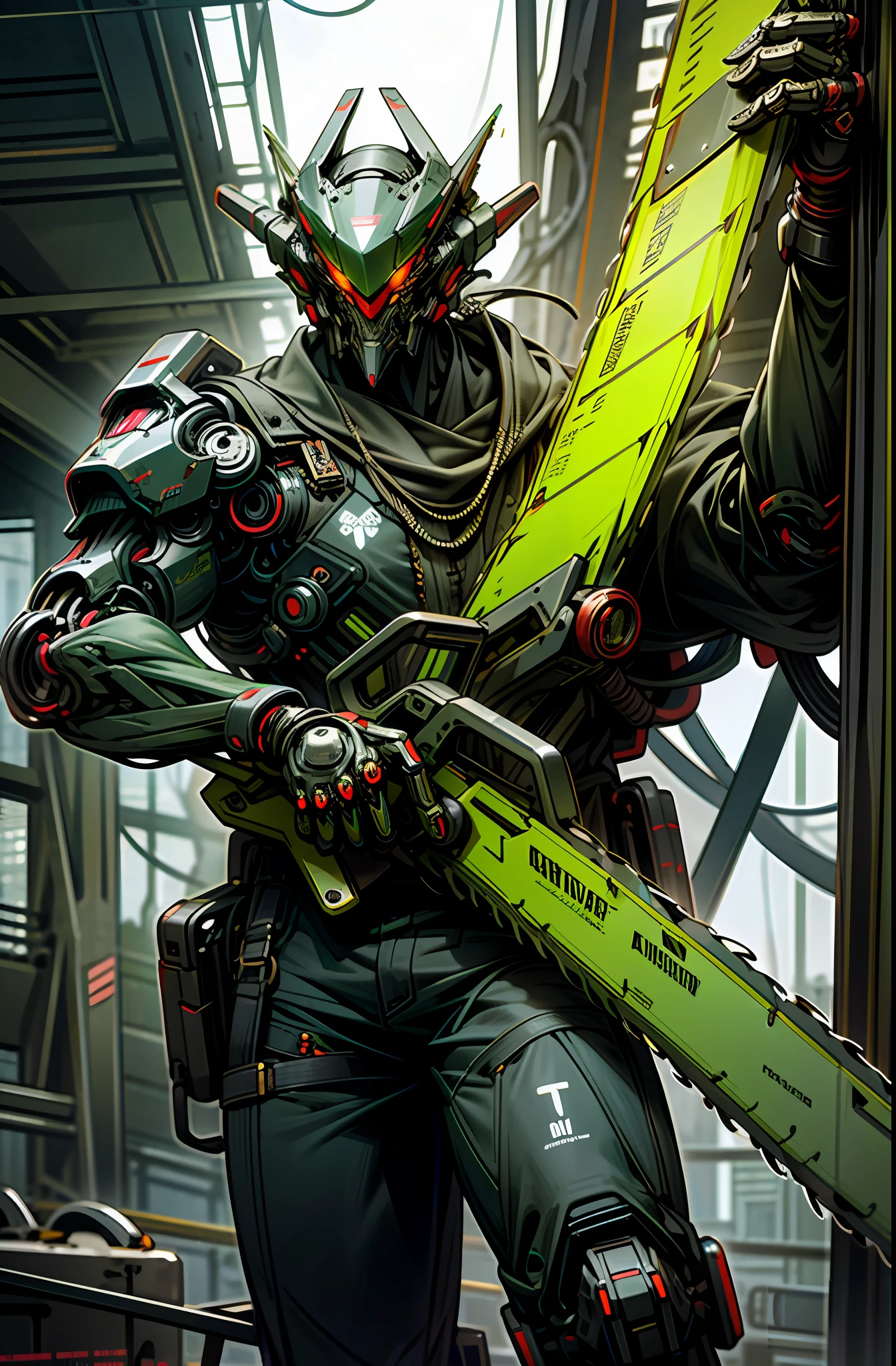 Dark_Fantasy,Cyberpunk,(chain saw,chain saw man,Red:1.1),1man,Mechanical marvel,Robotic presence,Cybernetic guardian, green color