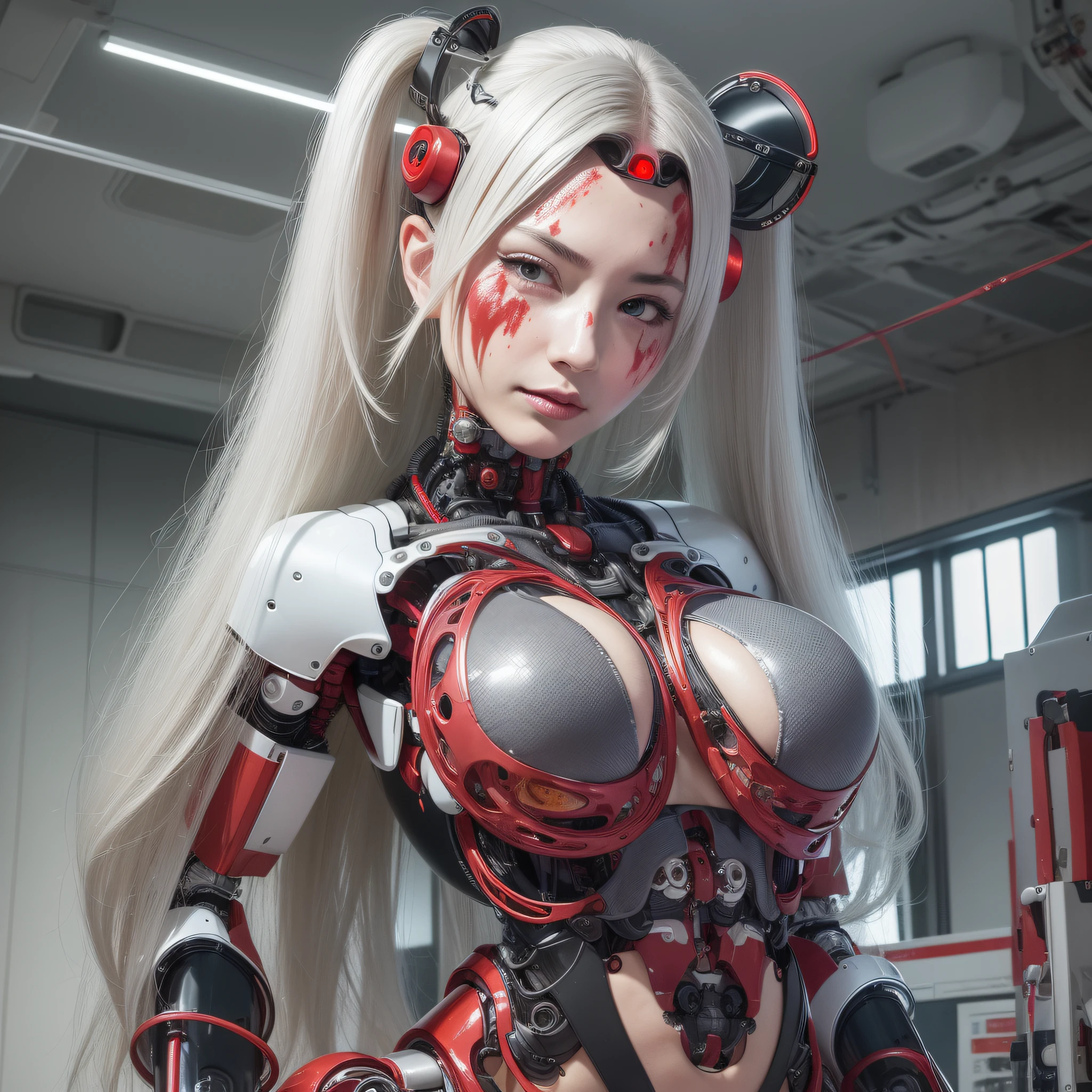 Beautiful Face,face is Japan, 1 Woman, Big, Curvaceous,(8k, RAW photo, top quality, masterpiece: 1.2)(Realistic, Photorealistic: 1.37) (Blood vessel attached to tube)((((Bikini Cyborg robot parts)))), (Light gray hair), Long hair, Wavy hair, Twin tails, Medium shot, ((Seductive smile) ), (Black Eyes), Hime Cut,From Below,(whole body),posing,,Inside the lab,( Blood vessel connected to a tube),((Mechanical vertebrae attached to the back)),((Mechanical neck attached to the neck)),(Wire and cable attached to the head and body),(Character Focus),Science Fiction,