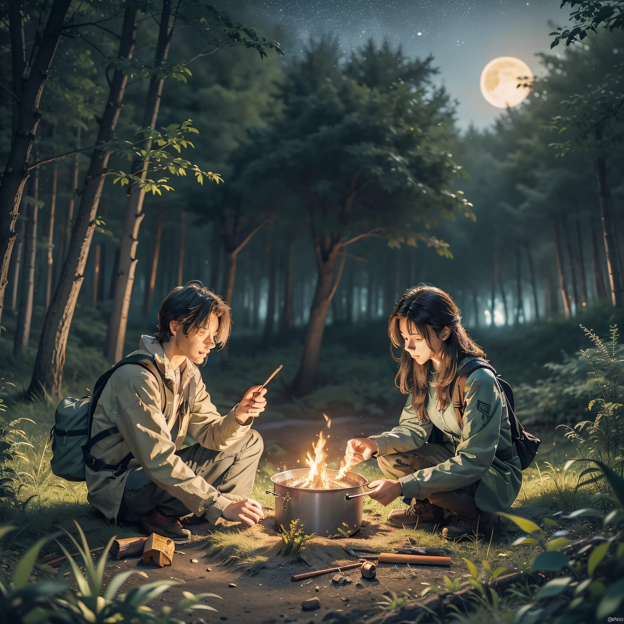 There is one man sitting on a log by the fire in the forest on a summer night and one girl, this is a man's journey in nature, there is a tent for spending the night nearby, a backpack lies on the ground, there is a metal pot for cooking, a man holds a cup of tea in his hands, there are binoculars, there is water from a stream nearby, a dark summer night sky and sparks from a fire,  hunting dog, night trees, glare from fire, stars in the sky, peace and quiet, free wildlife at night, grass, tree leaves and branches, moon and stars, (masterpiece), best quality, super-detailed illustration