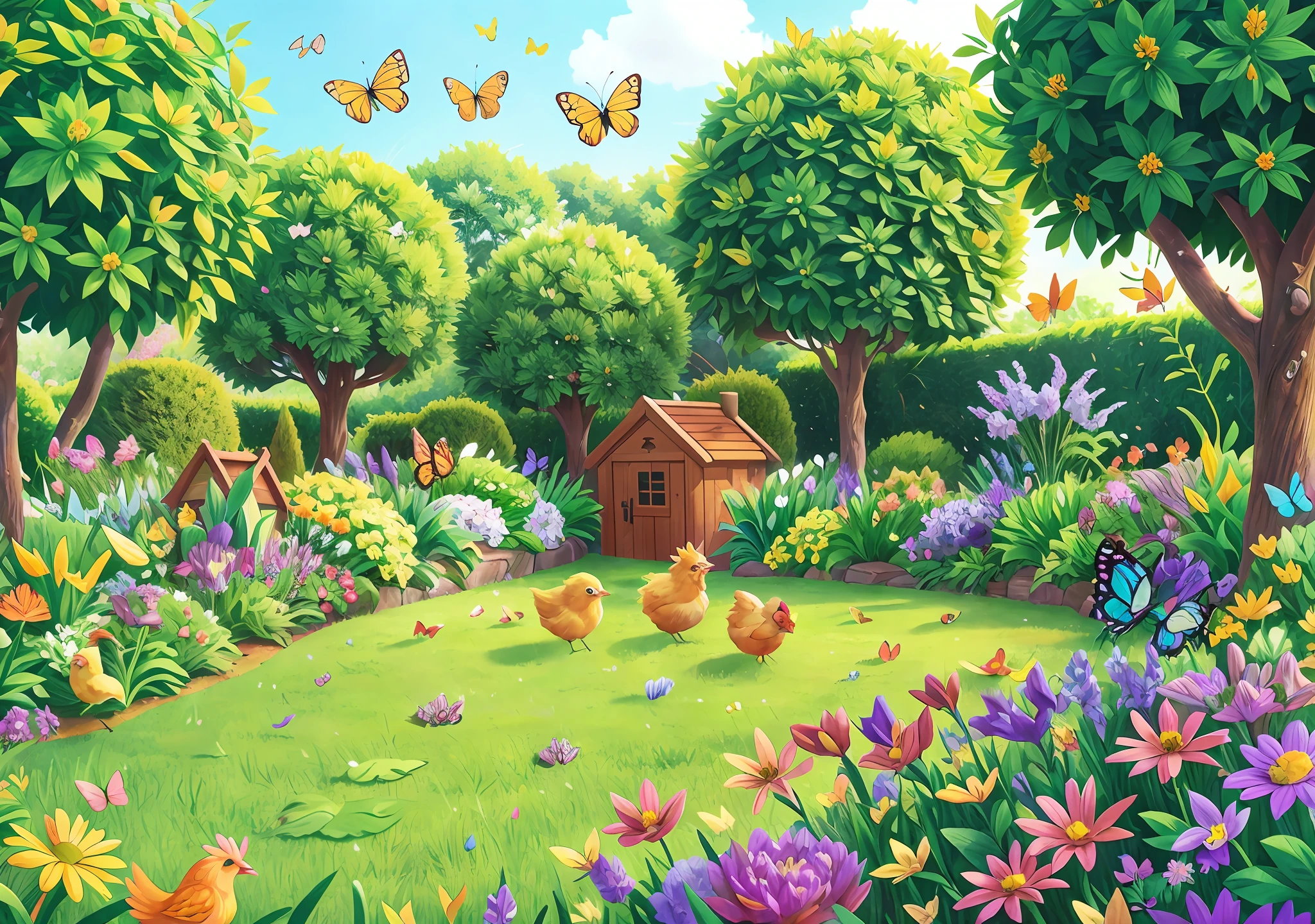 garden near a grove full of flowers and beautiful plants, with butterflies flying, chicken and chicks strolling on the lawn