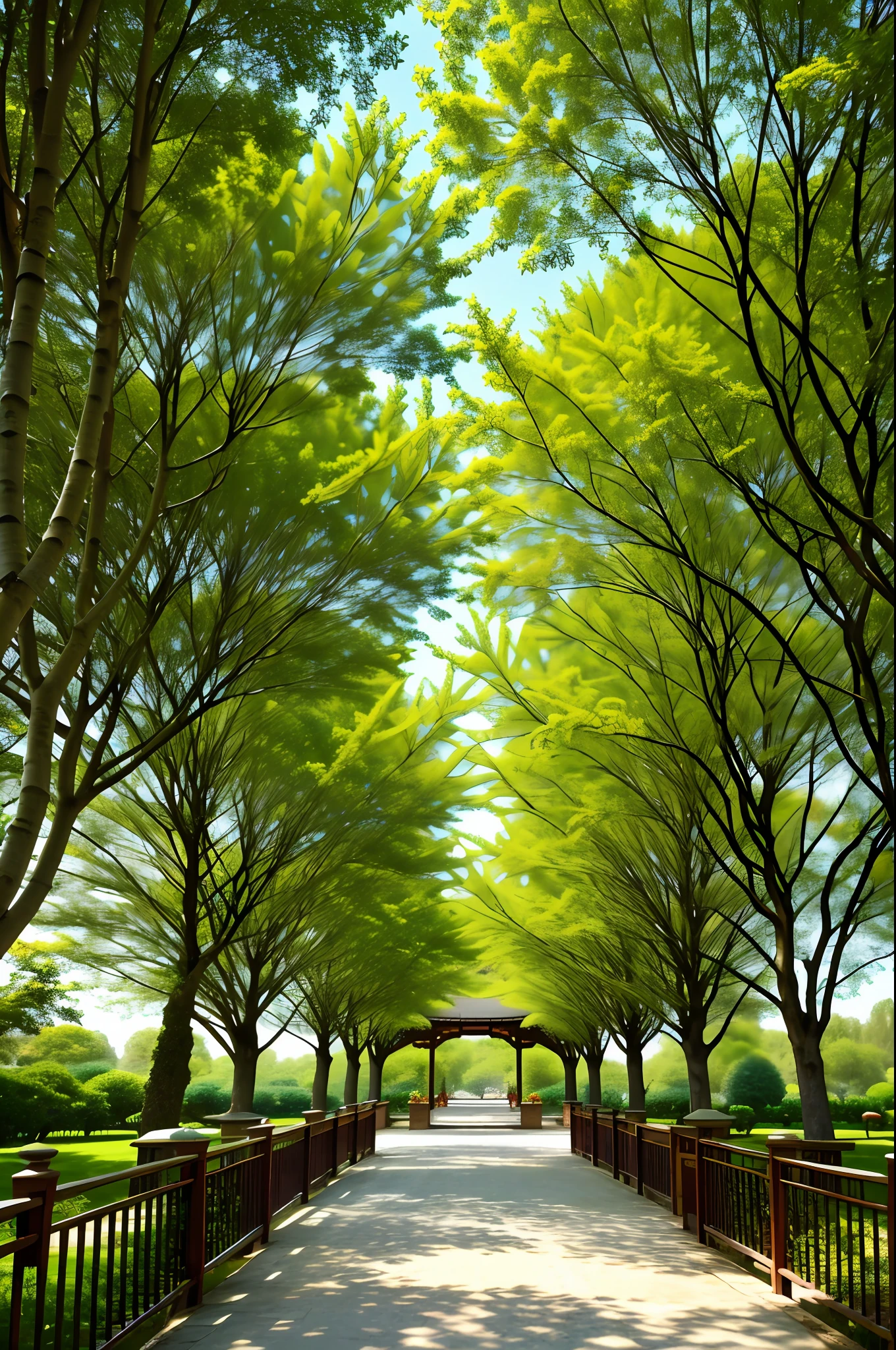 West lake view, willow trees, lotus, gazebo, corridor, sunny, lots of details, high quality, 8k