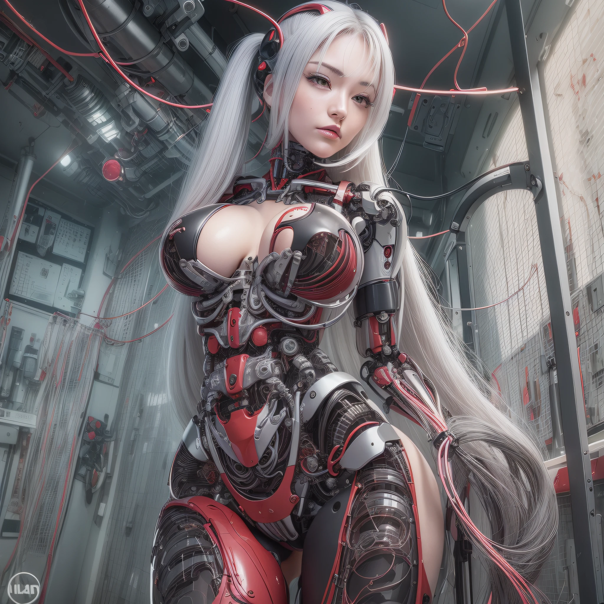 Beautiful Face,face is Japan, 1 Woman, Big, Curvaceous,(8k, RAW photo, top quality, masterpiece: 1.2)(Realistic, Photorealistic: 1.37) (Blood vessel attached to tube)((((Bikini Cyborg robot parts)))), (Light gray hair), Long hair, Wavy hair, Twin tails, Medium shot, ((Seductive smile) ), (Black Eyes), Hime Cut,From Below,(whole body),posing,,Inside the lab,( Blood vessel connected to a tube),((Mechanical vertebrae attached to the back)),((Mechanical neck attached to the neck)),(Wire and cable attached to the head and body),(Character Focus),Science Fiction,