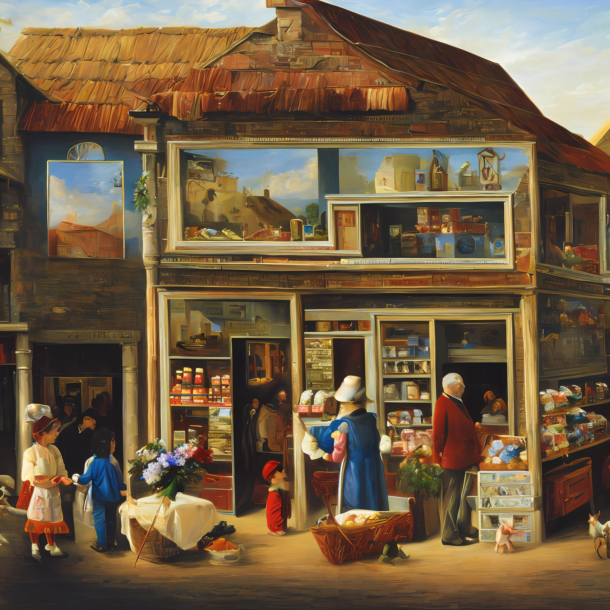 Oil painting, ancient times, a very rustic grocery store, with a counter full of sweets, a child shopping and an old gentleman attending to the child who is with his skinny pet dog