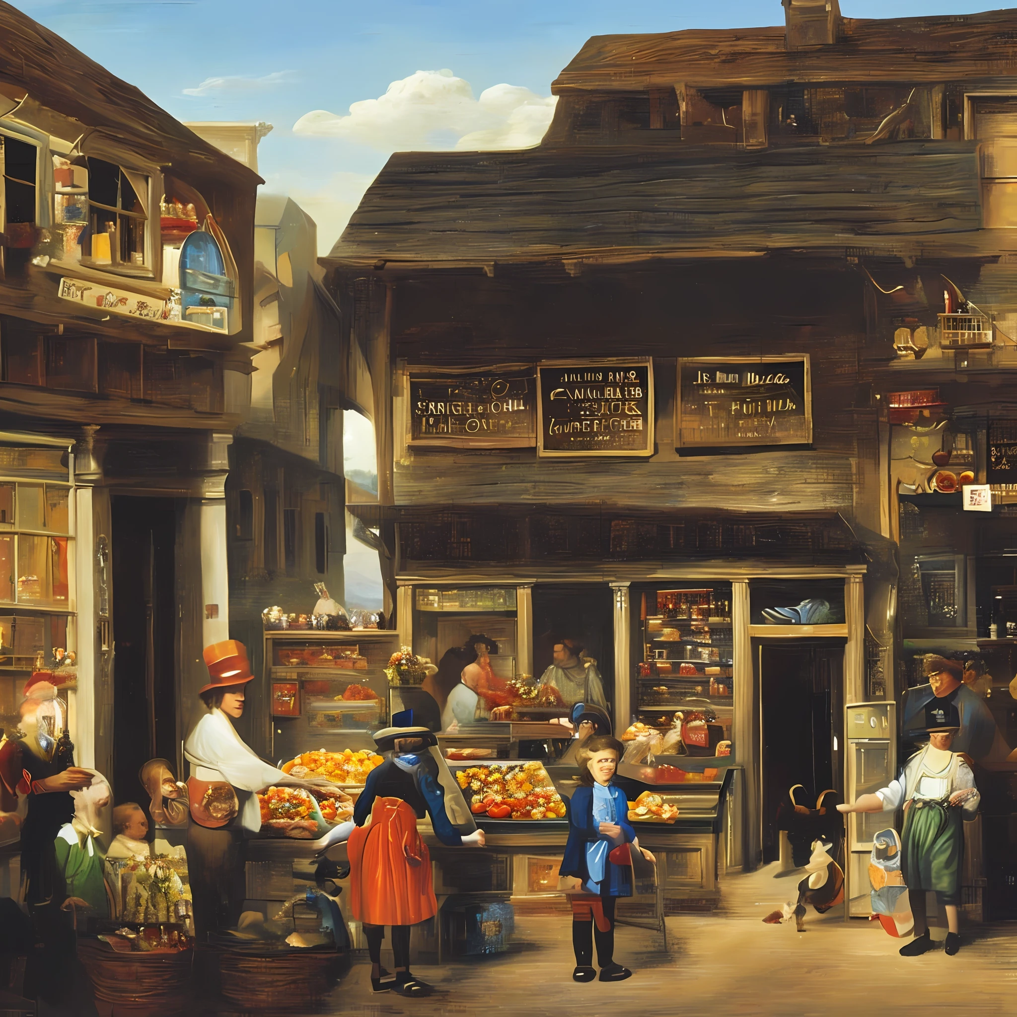 Oil painting, ancient times, a very rustic grocery store, with a counter full of sweets, a child shopping and an old gentleman attending to the child who is with his skinny pet dog