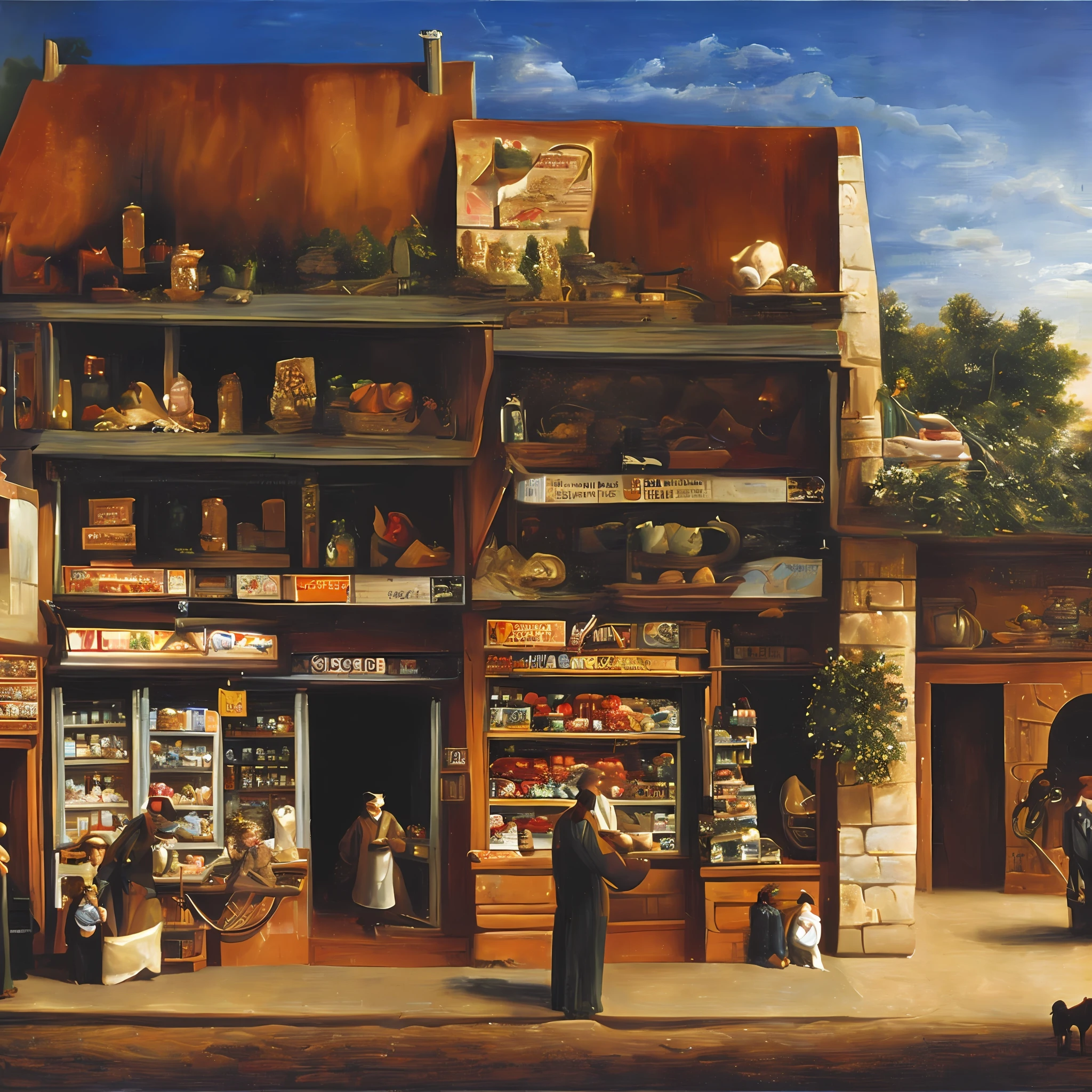 Oil painting, ancient times, a very rustic grocery store, with a counter full of sweets, a child shopping and an old gentleman attending to the child who is with his skinny pet dog