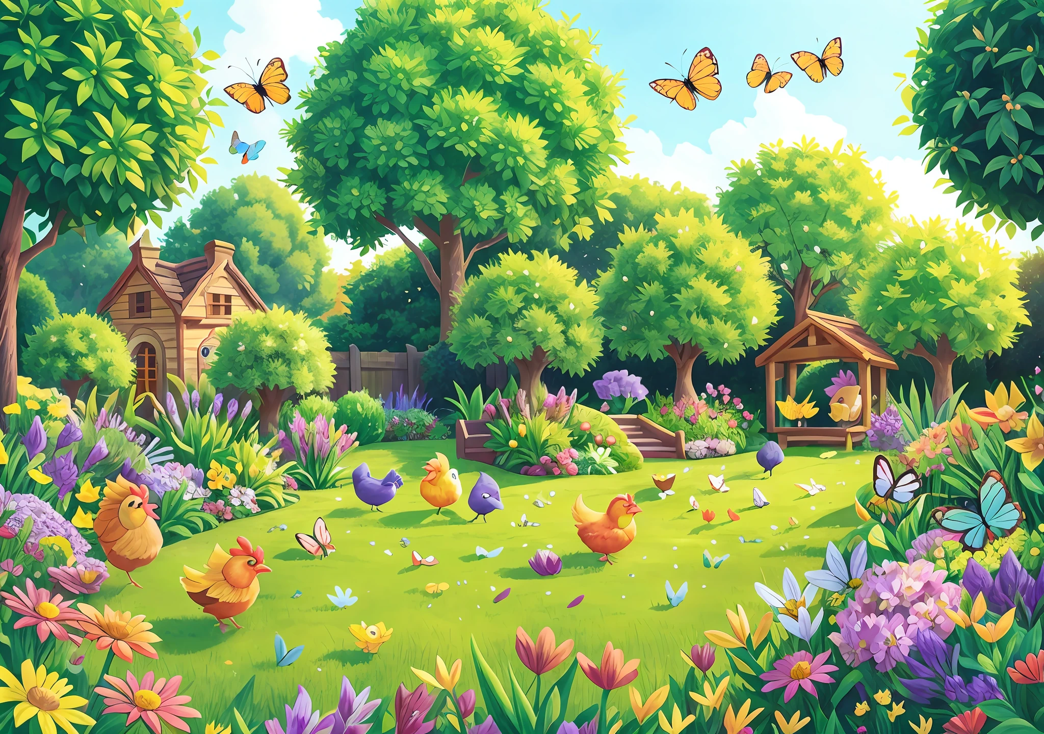 garden near a grove full of flowers and beautiful plants, with butterflies flying, chicken and chicks strolling on the lawn