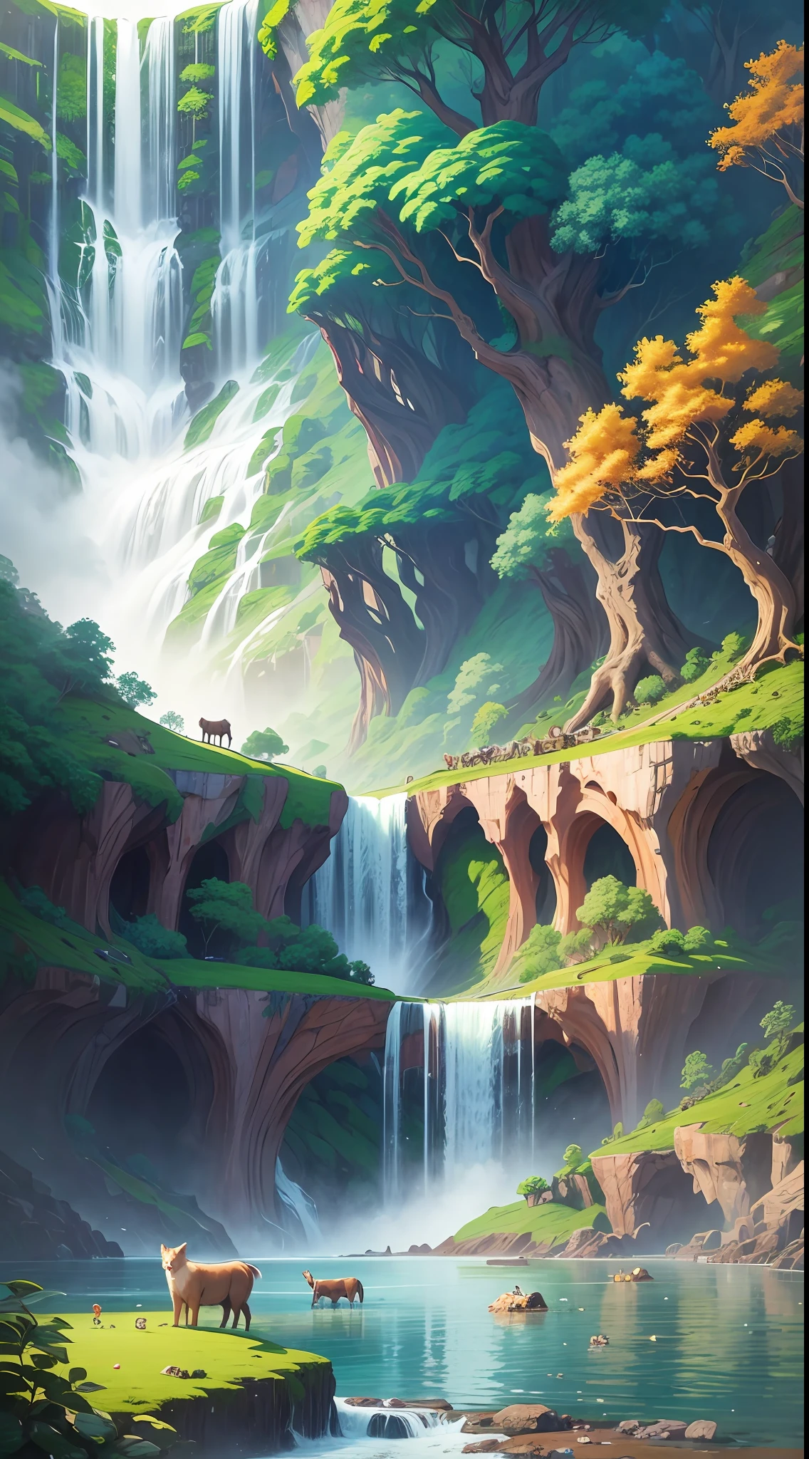 Create a landscape of a half-, a large leaf full of animals, and waterfalls, trees --auto --s2