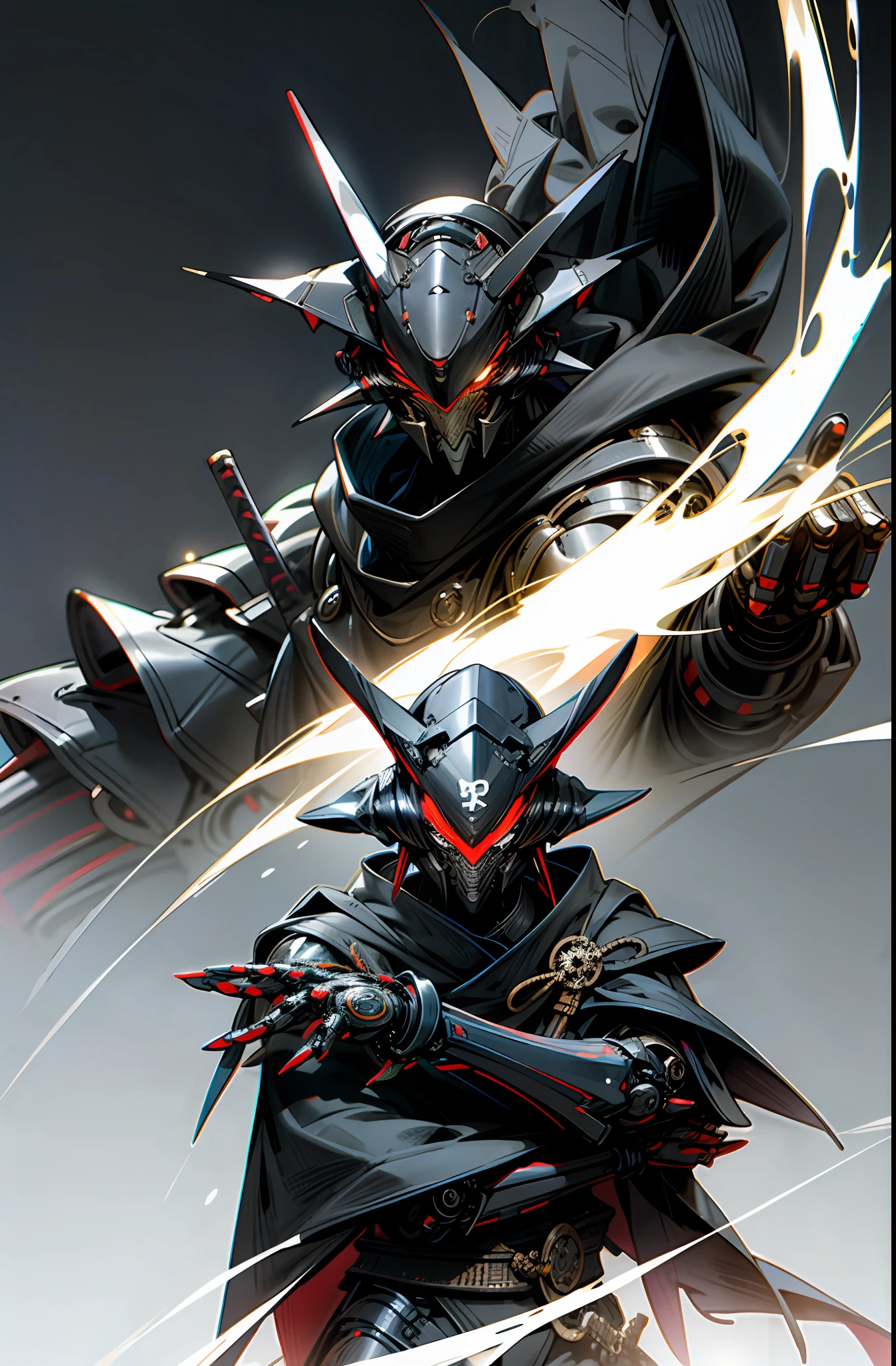 Dark_Fantasy,Cyberpunk,1manMechanical marvel,Robotic presence,Cybernetic guardian, samurai mechanical armour, katana on the waist, absolutely stunning art,wearing a black cloak, highest quality art, highest resolution, hyper detailed,black and red, futuristic, samurai robot, atmospheric,8k,64k, HD, unparalleled masterpiece, dynamic lighting, cinematic, epic