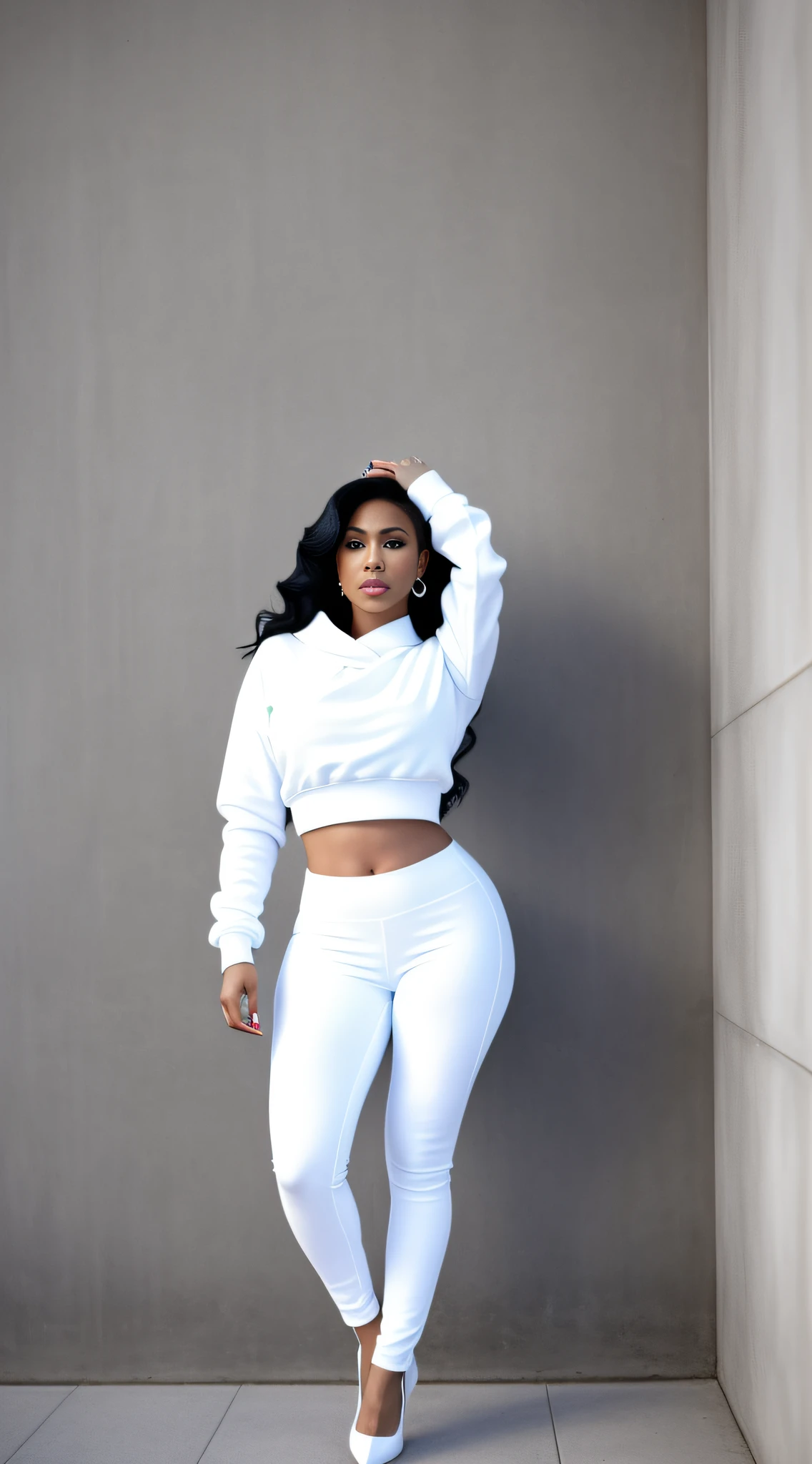 A full body shot, ultra wide angle, in focus, dynamic pose of a stunning beautiful nicki minaj, white sweatshirt, white leggings, White heels, standing in front of wall, hdr, best quality, professional photo,