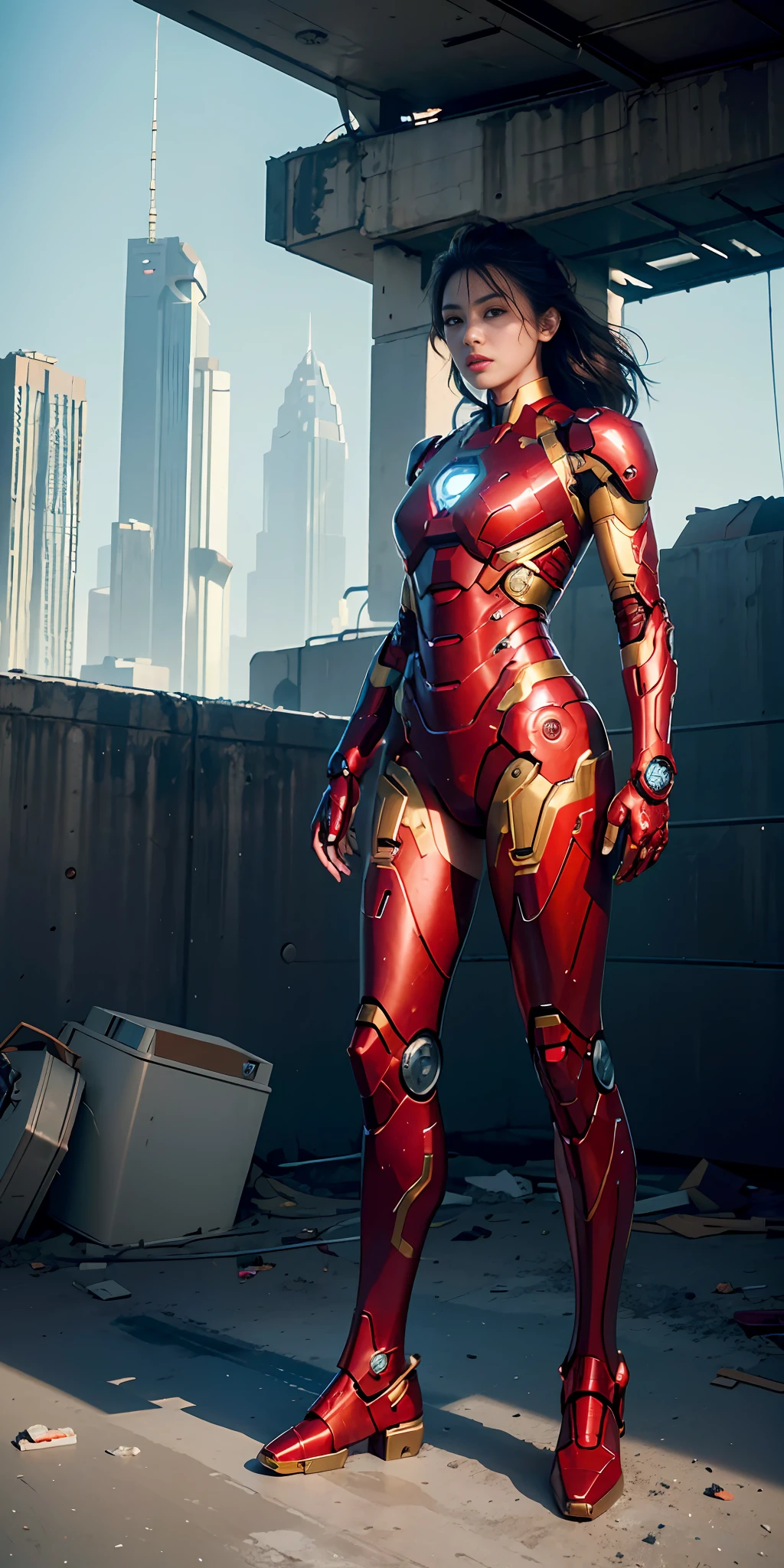 RAW, Masterpiece, Ultra Fine Photo,, Best Quality, Ultra High Resolution, Photorealistic, Sunlight, Full Body Portrait, Stunningly Beautiful,, Dynamic Poses, Delicate Face, Vibrant Eyes, (Side View) , she is wearing a futuristic Iron Man mech, red and gold color scheme, highly detailed abandoned warehouse background, detailed face, detailed and complex busy background, messy, gorgeous, milky white, high detailed skin, realistic skin details, visible pores , sharp focus, volumetric fog, 8k uhd, dslr camera, high quality, film grain, fair skin, photorealism, lomography, sprawling metropolis in futuristic dystopia, view from below, translucent
