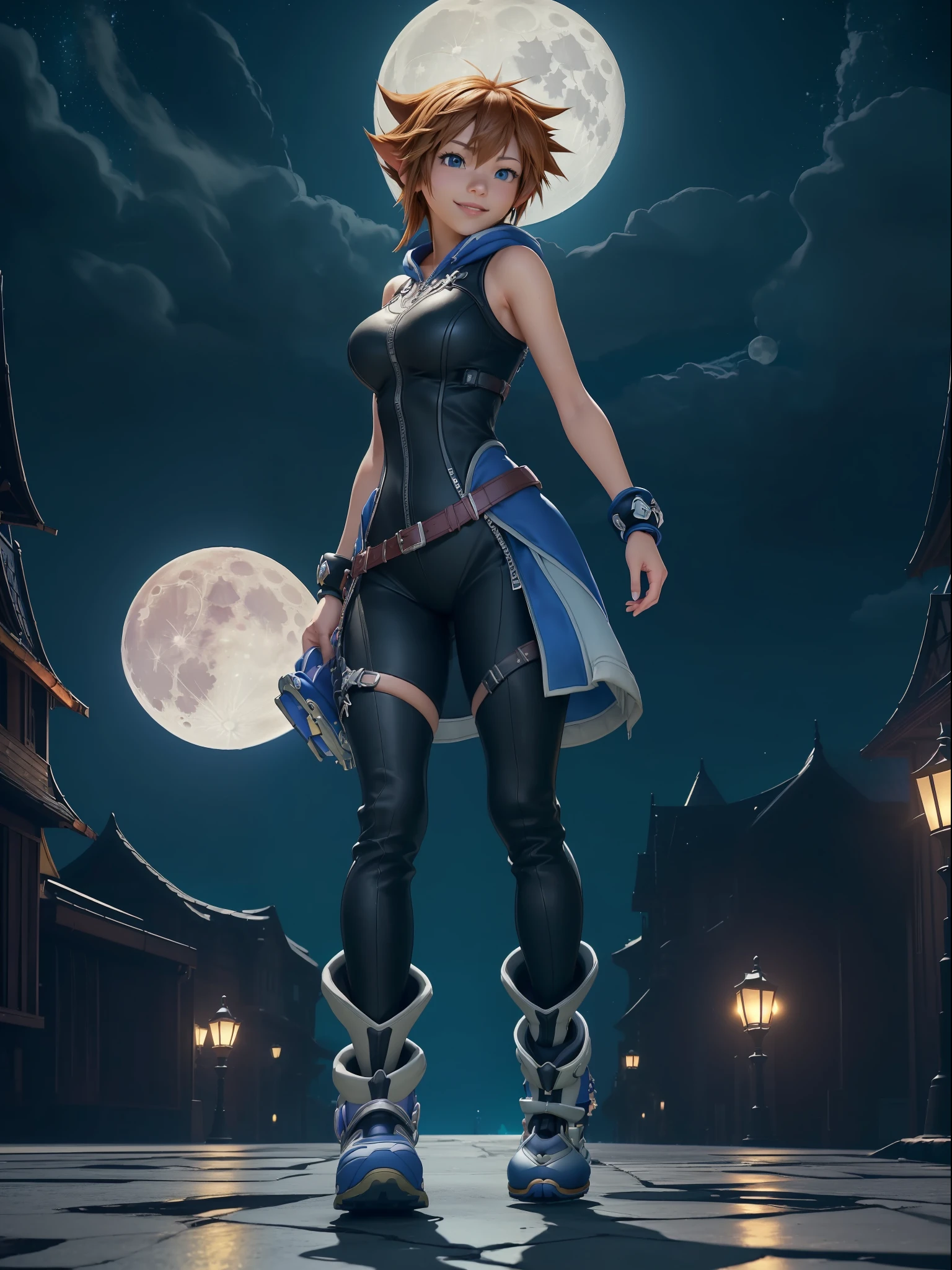 (Full body photo:1.5), (Woman/alone/as Sora protagonist of Kingdom Hearts:1.5), (Big breasts:1.7), (Wearing the full outfit of Sora from Kingdom Hearts:1.3), (Looking at the viewer/smiling:1.3), (She walking inside a magical city/at night/with a full moon in the sky:1.6), (She has hair with the style and color of Sora Kingdom Hearts:1.5), (blue eyes:1.5), (extremely tight body suit:1.5), (doing sexy poses while standing:1.2), (Kingdom Hearts, award-winning, UHD, anime, high detail, 16k, high quality, masterpiece)