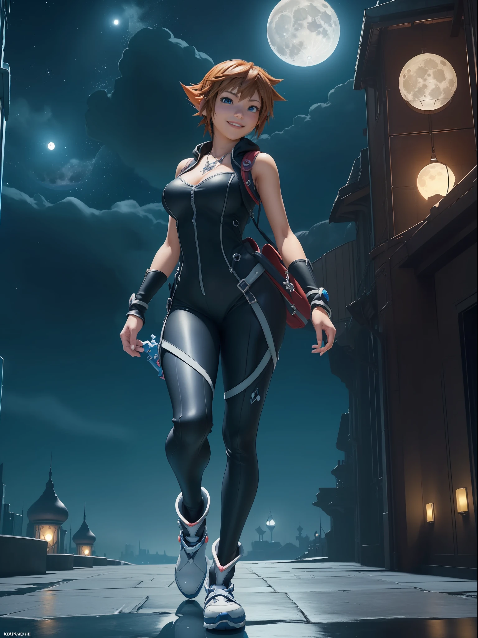 (Full body photo:1.5), (Woman/alone/as Sora protagonist of Kingdom Hearts:1.5), (Big breasts:1.7), (Wearing the full outfit of Sora from Kingdom Hearts:1.3), (Looking at the viewer/smiling:1.3), (She walking inside a magical city/at night/with a full moon in the sky:1.6), (She has hair with the style and color of Sora Kingdom Hearts:1.5),   (blue eyes:1.5), (extremely tight body suit:1.5), (doing sexy poses while standing:1.2), (Kingdom Hearts, award-winning, UHD, anime, high detail, 16k, high quality, masterpiece)