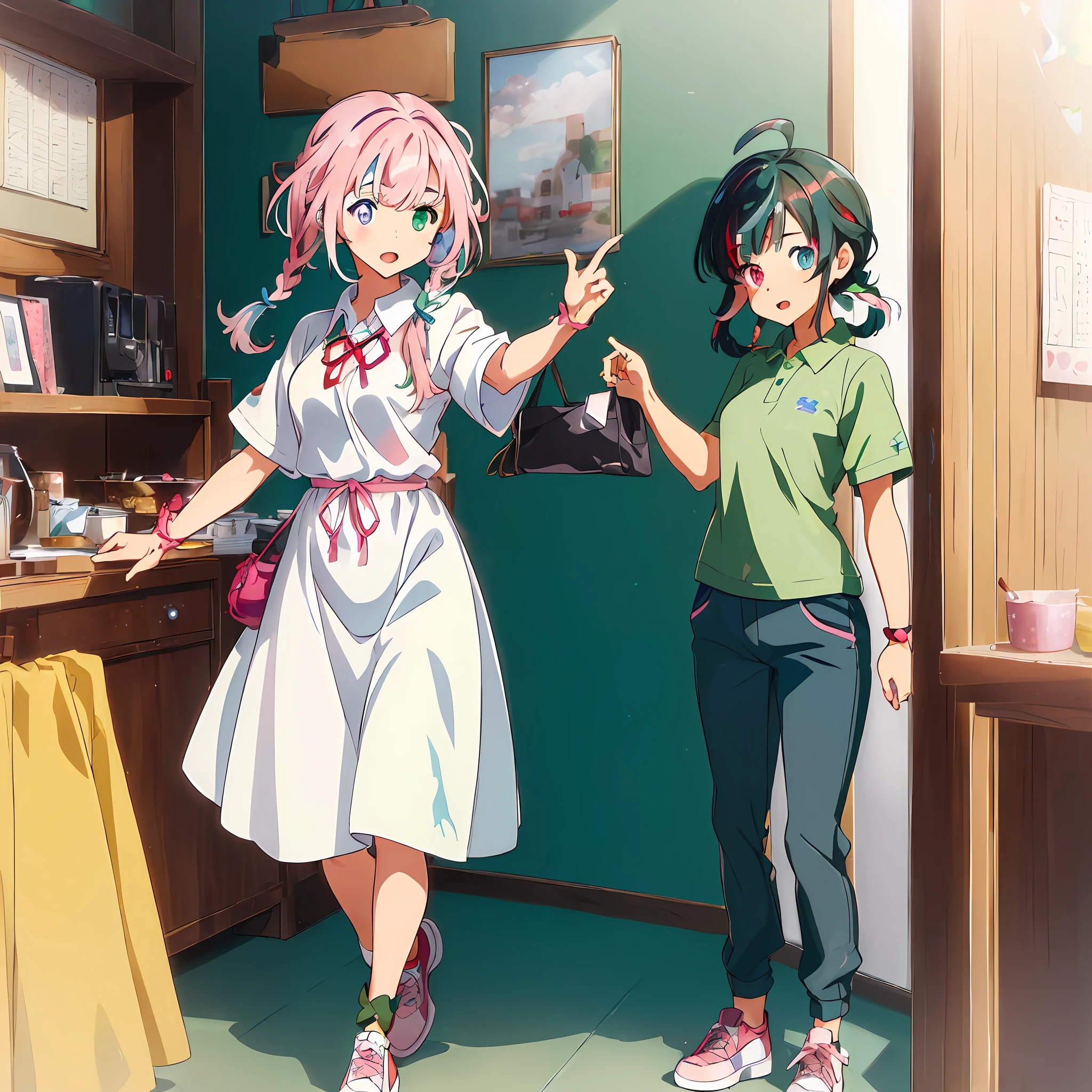 (Masterpiece, Super Detail, Top Quality, 32K,High Resolution:1.4)
BREAK
Kyoto Animation Style Anime Illustration, Top Quality Official Art Features: 1.6
BREAK
(heterochromia,blue eyes and green eyes:1.8), Shining Eyes, (kawaii:1.5),(cute:1.5),Caregiver, 1 Cute Girl, Solo, Standing, Watch Viewer, Full Body, Predecessor, Cute Open Mouth, Makeup,determined, wide hips
BREAK
wet,(Clothing: black long undershirt, 3-button simple design red polo shirt, black long pants), (Footwear: sneakers), ((medium hair,pink hair, twin braids,hair ribbon, cute ribbon)), thin eyebrows, large breasts, classroom