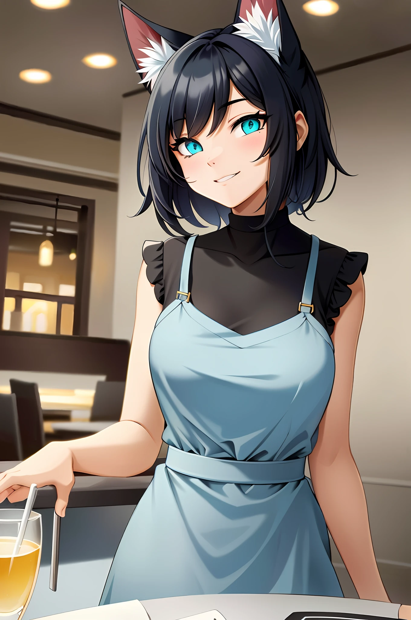 Alone, 1girl, catgirl, furry cat girl, gray fur, turquoise eyes, detailed eyes, in a restaurant, watching her phone, a hand on her chin, smile, sleeveless yellow dress, fur texture on the body, gray fur, table with red and white grid tablecloth. Tied hair, short hair, dark hair. Gray skin, gray fur, fur texture all over the body, (((furry gurl)))