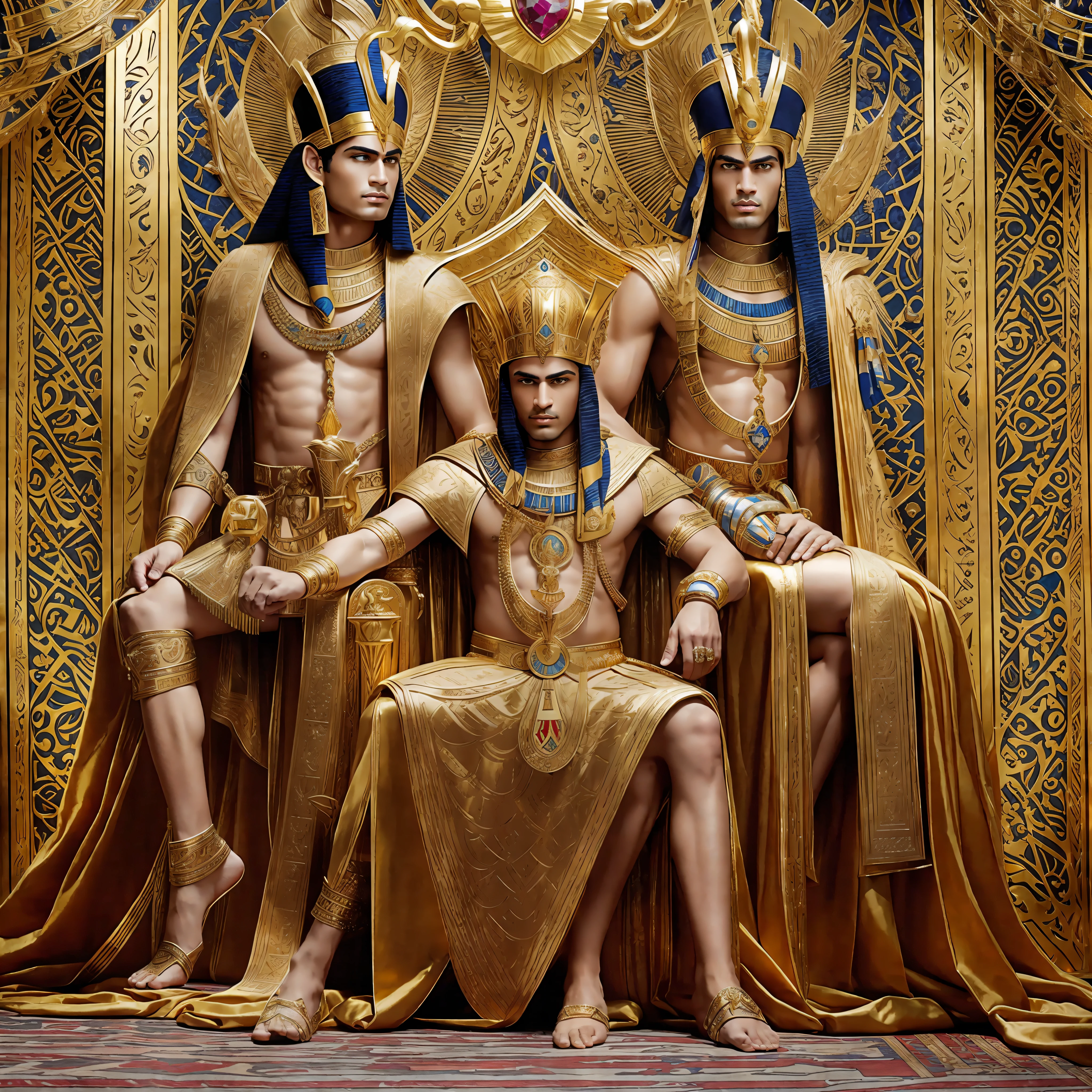 1 light brown Egyptian man of the royal family of
Pharaoh Ramseis I, the most powerful lineage of warriors in all of Egypt. your dress
it is made of linen, gold, lazuli stone, holds a scepter with the falcon and the serpent (symbol of Upper and Lower Egypt, on its head is the war crown with red details in ruby, on the breastplate made in gold and precious jewels appears the symbol of the god Horus. extraordinary beauty, haughty posture and a strong gaze that make everyone bow before his presence. jewelry with gold and precious stones adorn his entire body. he wears sandals made of gold and diamonds, has a cape made of leopard skin, in the background appears the hall of the royal palace and the royal throne made of gold, precious stones and ivory, he is standing and his entire body appears --auto --s2