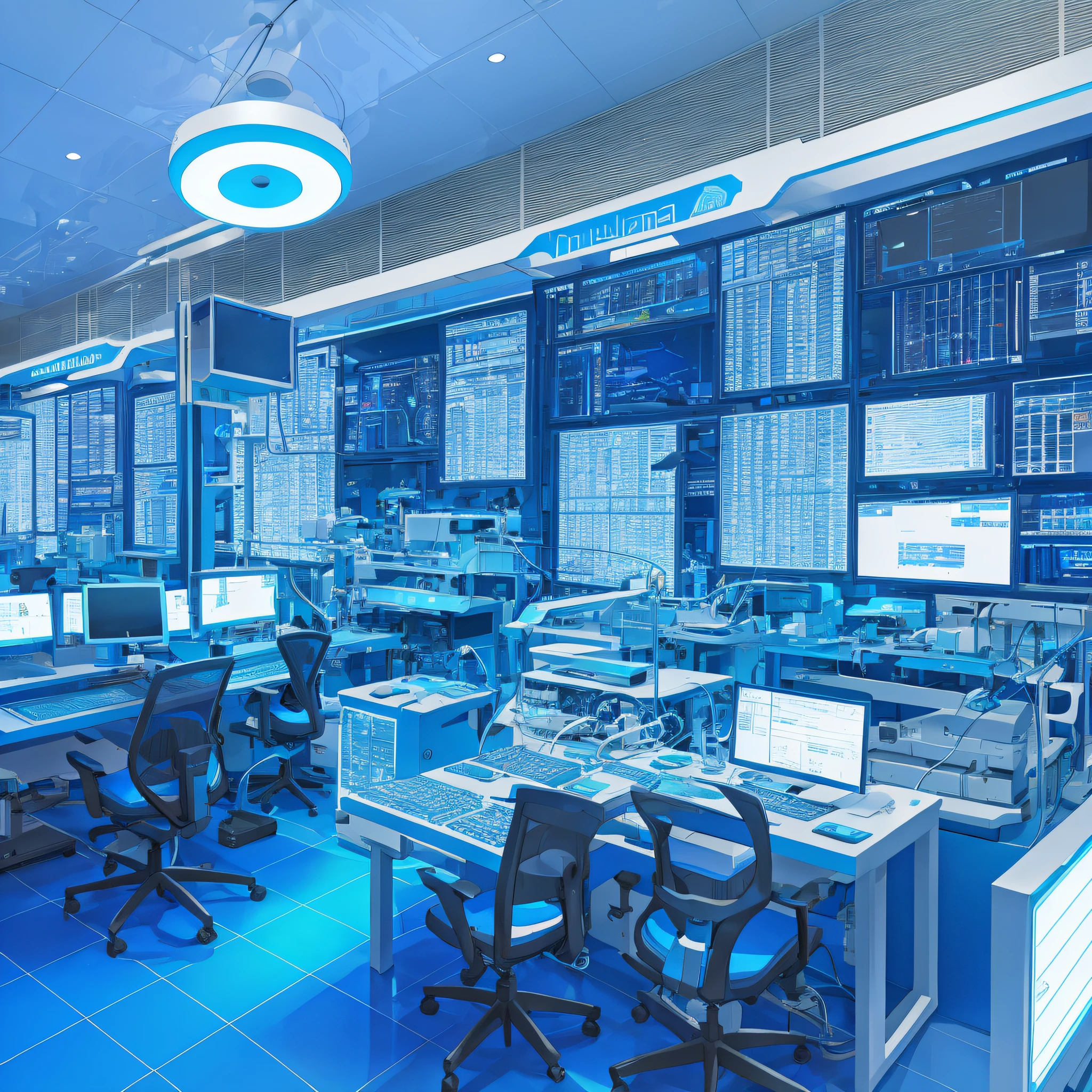 Create an environment, simulating a futuristic laboratory, with tables, chairs, computers, screens and electronic equipment, using the color blue predominantly, existing in the place two professionals, one male, beautiful, light brunette and the other female, light brunette, honey hair, very beautiful, implying that they are producing the formula of some medicine by hertz frequency --auto --s2