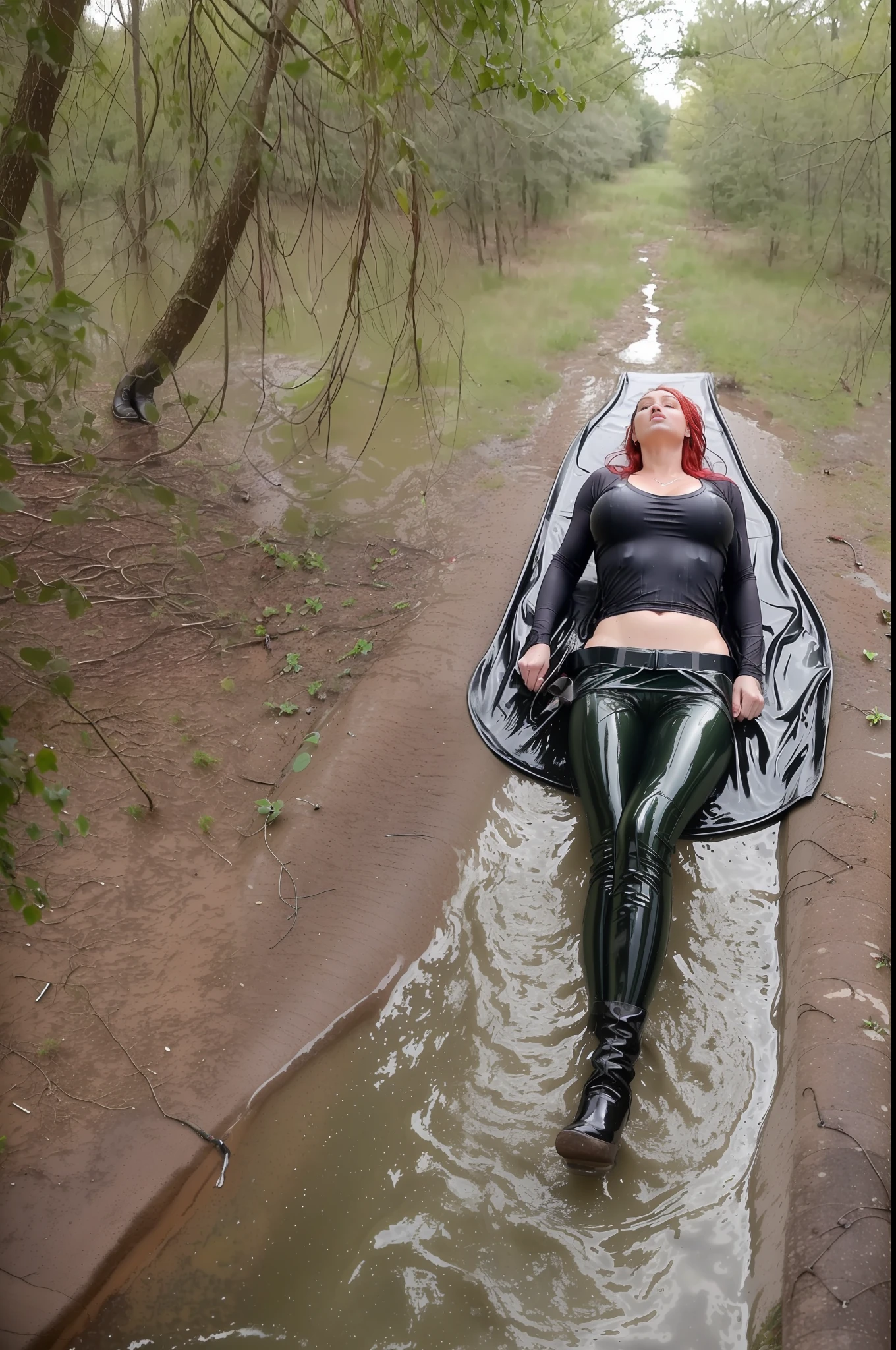 thoroughly drenched beautiful sultry red head woman ((35yr old)), ((35year old woman)), (((shot from above))), (((laying on ground))), ((roll over)), ((full length shot)), legs, butt ((athletic)), in forest, armed, ((holster)), wearing (wet black spandex leggings), ((knee length boots)), (secret agent), (army girl), (clinging sheer cotton long-sleeved t-shirt), thoroughly drenched, very wet, ((soakingwetclothes)), ((slippery)), slick, sticky, swamp, clinging to chestline, wet hair, wet chest, wet body, wet face, (nobra), (no bra), cold, carnal, ((Same character)), (full body), (((multiple views of the same character))), wide shot, atmospheric perspective, masterpiece, best quality,