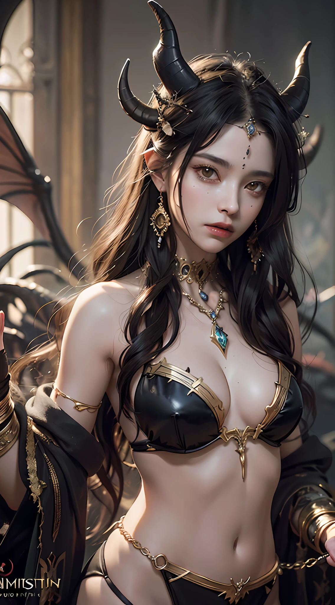 Beautiful photorealistic photograph of beautiful demonic Succubus wearing delicate intricate jewelry chains and body harness, black skin, small horns, golden eyes, huge breasts, dynamic pose, ethereal background, abstract beauty, approaching perfection, pure form, concept art, by Brian Froud and Carne Griffiths and Wadim Kashin and John William Waterhouse, intricate details, 8k post production, high resolution, hyperdetailed, trending on artstation, sharp focus, studio photo, intricate details, highly detailed, by greg rutkowski