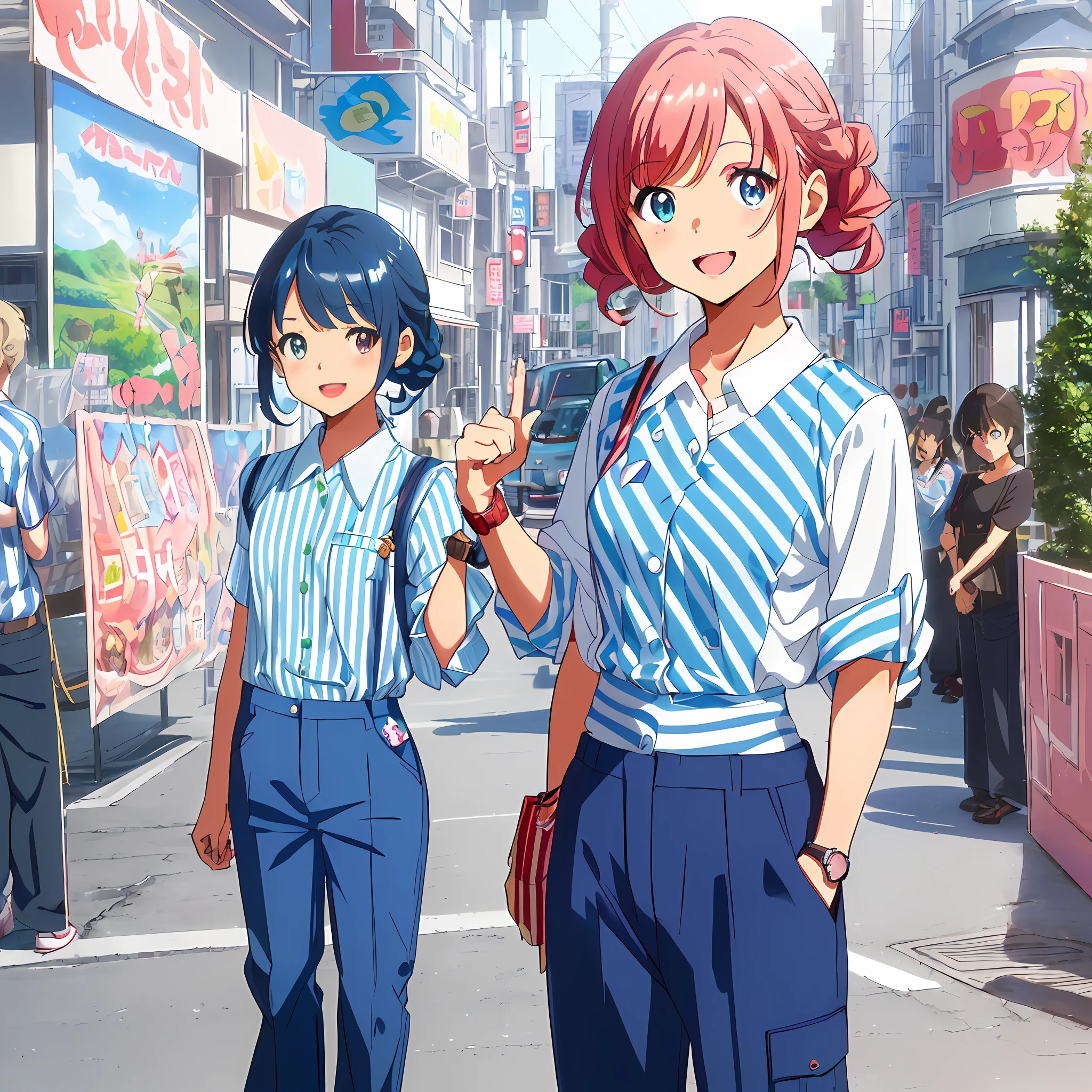 (Masterpiece, Super Detail, Best Quality, 8K, 32K, HDTV, Kyoto Animation Style Anime Illustration, Best Picture Official Art Function: 1.6), (Heterochromia, Blue and Green Eyes: 1.8), Shining Eyes, (Chibi: 1.8), (Caregiver, Cute Girl One, Solo, Standing, Watch Viewer, upper Body, Front, Cute Open Mouth, Makeup, Cute, Happy Smile :1.3), (loli: 1.2), (cute: 1.5), (blue and white shirt and tanned pants, striped shirt, big trousers, advertising images, graphic prints, loose red blouse:1.5), (footwear: sneakers), (pale pink hair, braids, medium hair, hair ribbons, cute ribbons: 1.1), thin eyebrows,