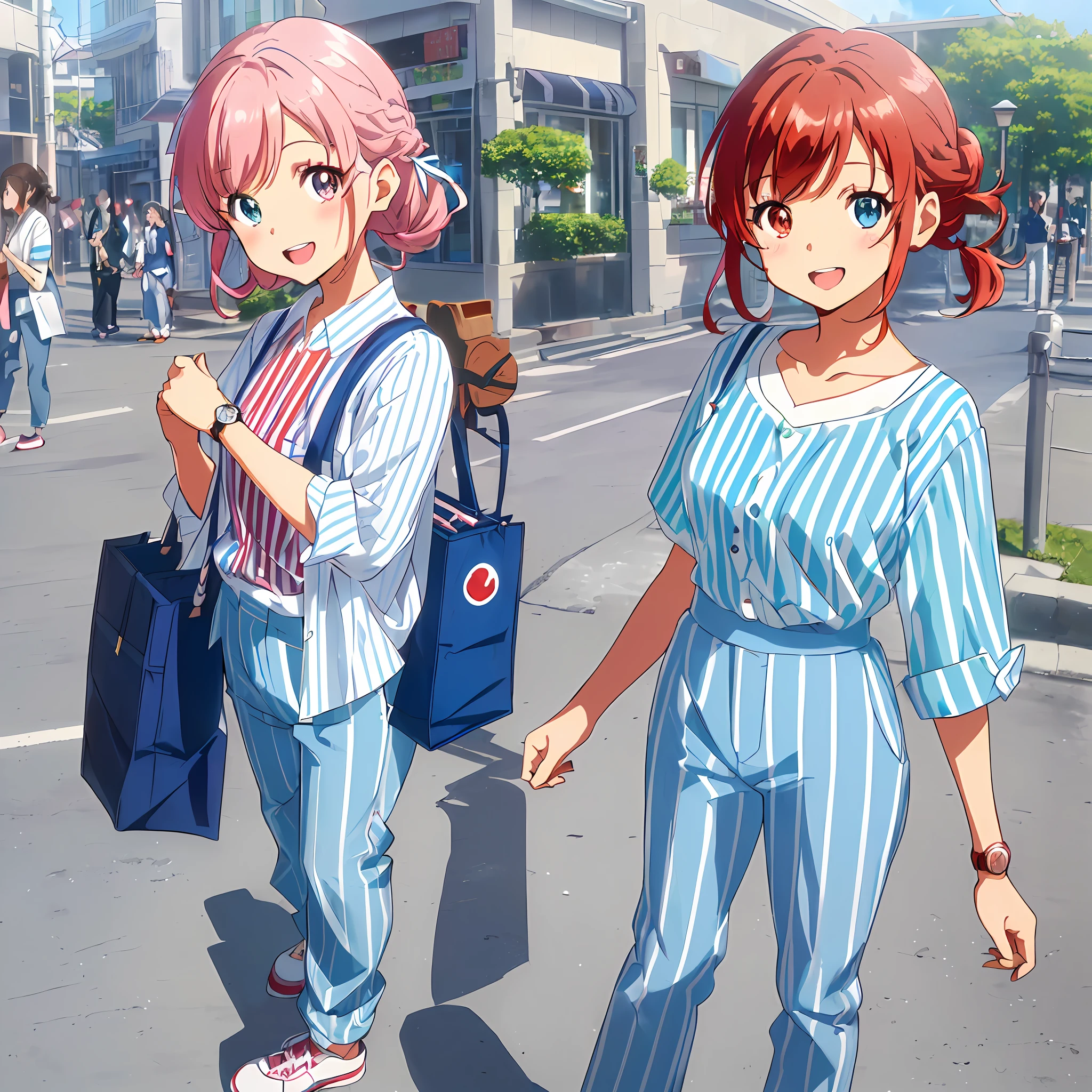 (Masterpiece, Super Detail, Best Quality, 8K, 32K, HDTV, Kyoto Animation Style Anime Illustration, Best Picture Official Art Function: 1.6), (Heterochromia, Blue and Green Eyes: 1.8), Shining Eyes, (Chibi: 1.8), (Caregiver, Cute Girl One, Solo, Standing, Watch Viewer, upper Body, Front, Cute Open Mouth, Makeup, Cute, Happy Smile :1.3), (: 1.2), (cute: 1.5), (blue and white shirt and tanned pants, striped shirt, big trousers, advertising images, graphic prints, loose red blouse:1.5), (footwear: sneakers), (pale pink hair, braids, medium hair, hair ribbons, cute ribbons: 1.1), thin eyebrows,