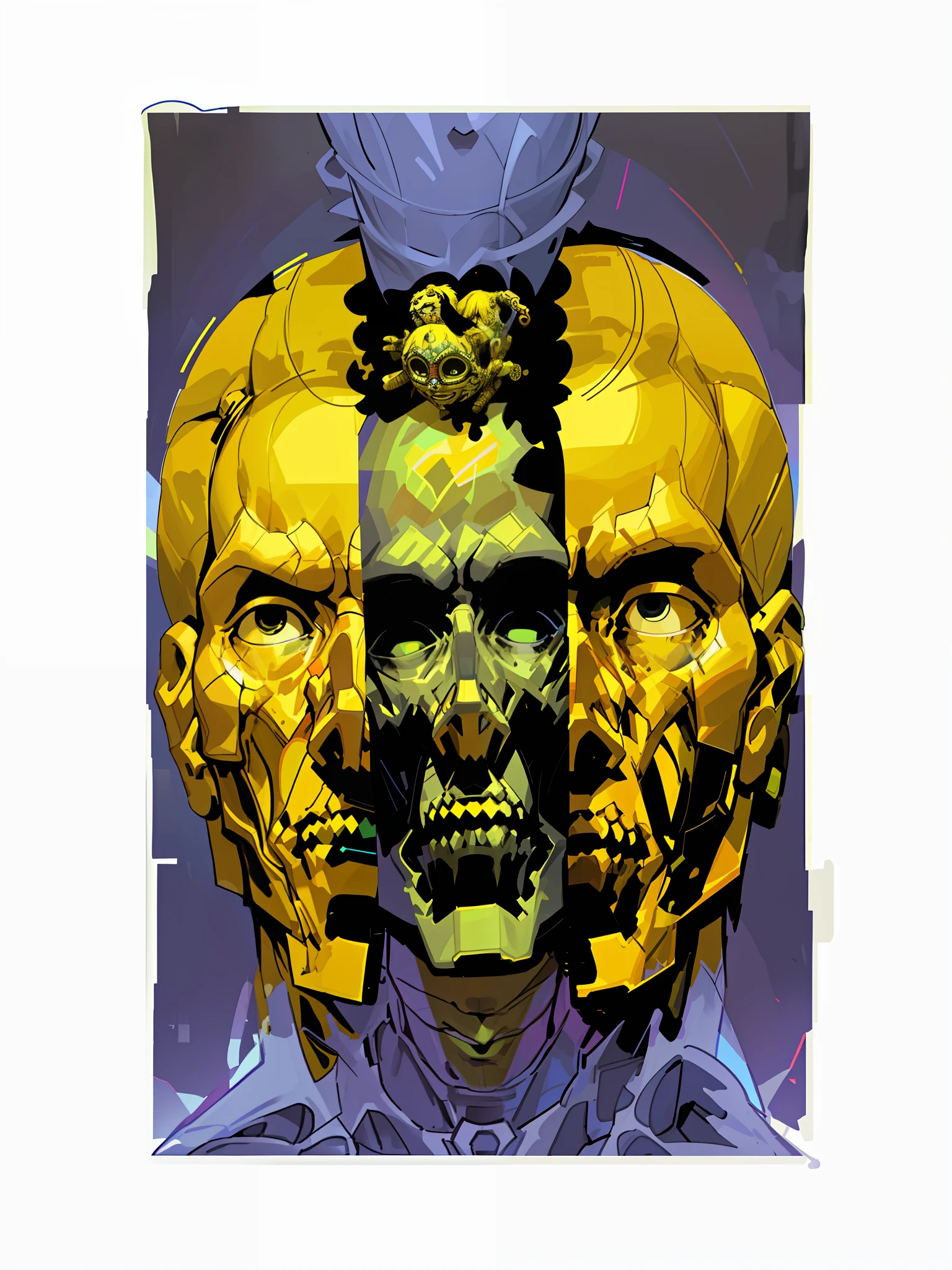a closeup of a yellow and black face with a black background, three heads, 3 heads, high resolution print: 1 cmyk :1, giant ruins of the golden head statue, heads, head, many heads, by Eduardo Paolozzi, symmetic face, three heads one body, inspired by Sir Jacob Epstein, symmetrical face, muscles out, reddened eyes --auto --s2