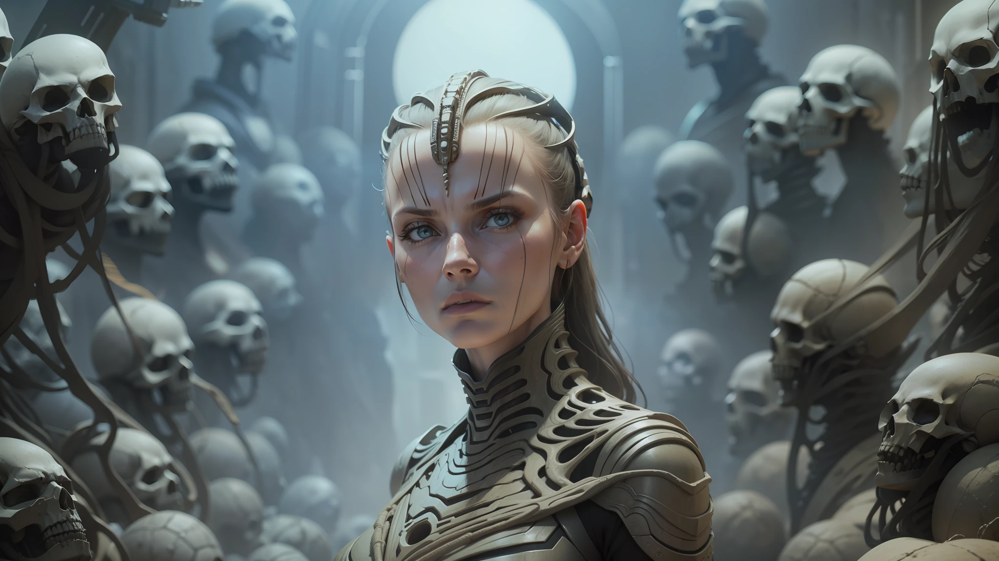 a woman in a costume standing in front of a bunch of skulls, hr giger. 8 k, greg rutkowski and h r giger, still from movie dune, frame from prometheus movie, by Peter Gric, movie still of a alien cyborg, highly detailed surreal vfx, the best on cgsociety, film still from movie dune-2021 --auto --s2