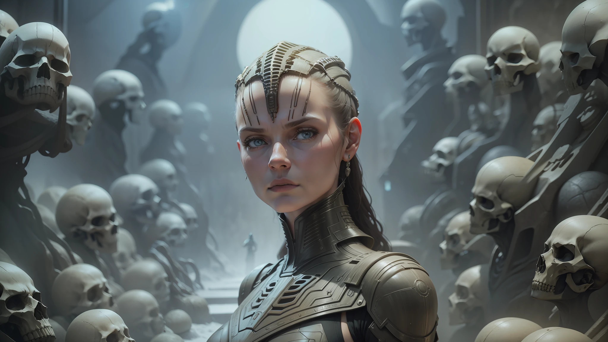 a woman in a costume standing in front of a bunch of skulls, hr giger. 8 k, greg rutkowski and h r giger, still from movie dune, frame from prometheus movie, by Peter Gric, movie still of a alien cyborg, highly detailed surreal vfx, the best on cgsociety, film still from movie dune-2021 --auto --s2