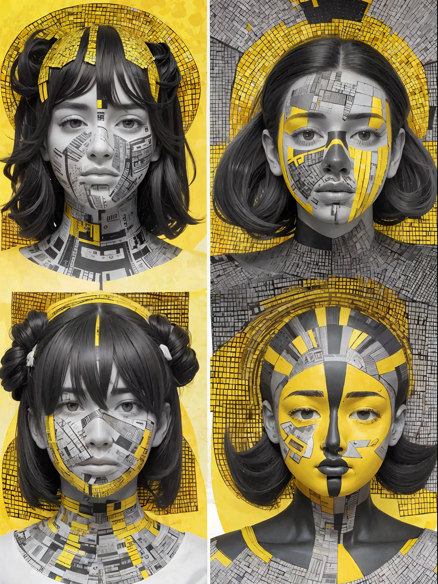 a closeup of a yellow and black face with a black background, three heads, 3 heads, high resolution print: 1 cmyk :1, giant ruins of the golden head statue, heads, head, many heads, by Eduardo Paolozzi, symmetic face, three heads one body, inspired by Sir Jacob Epstein, symmetrical face, faces with muscular skin --auto --s2