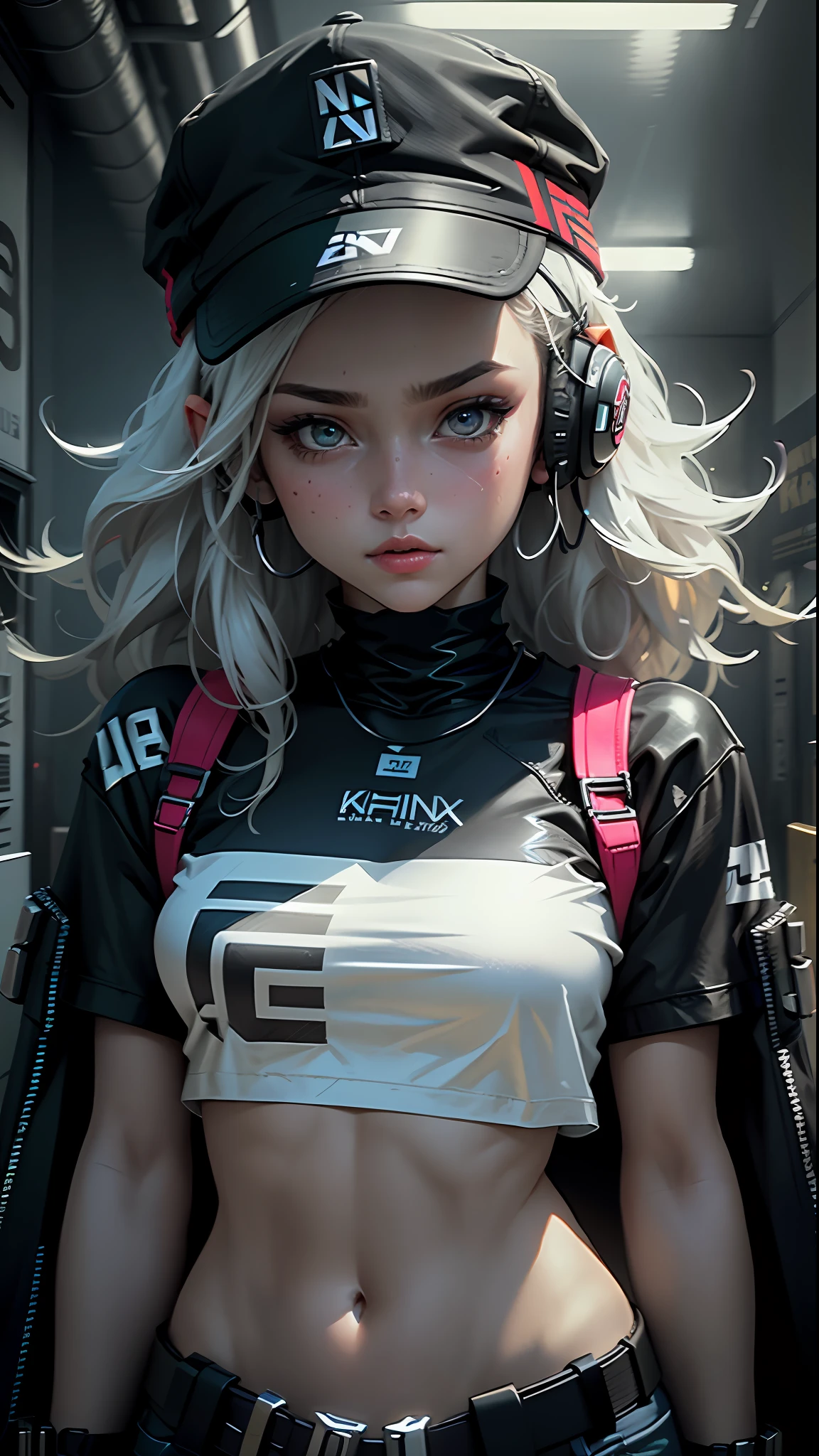 a beautiful woman with medium hair, wearing a cap that has the phrase "kenkaflix" and headphone,
- She's wearing short, stylish cyberpunk-style outfits, with a shirt that has the phrase "Kenkaflix" written on it.
- The shirt is predominantly white, with bold red letters and details in blue, white and yellow.
- She's fully in front of the camera, with a confident, determined expression on her face.
- The background can be in shades of dark blue, with neon details to give a futuristic and cybernetic touch.