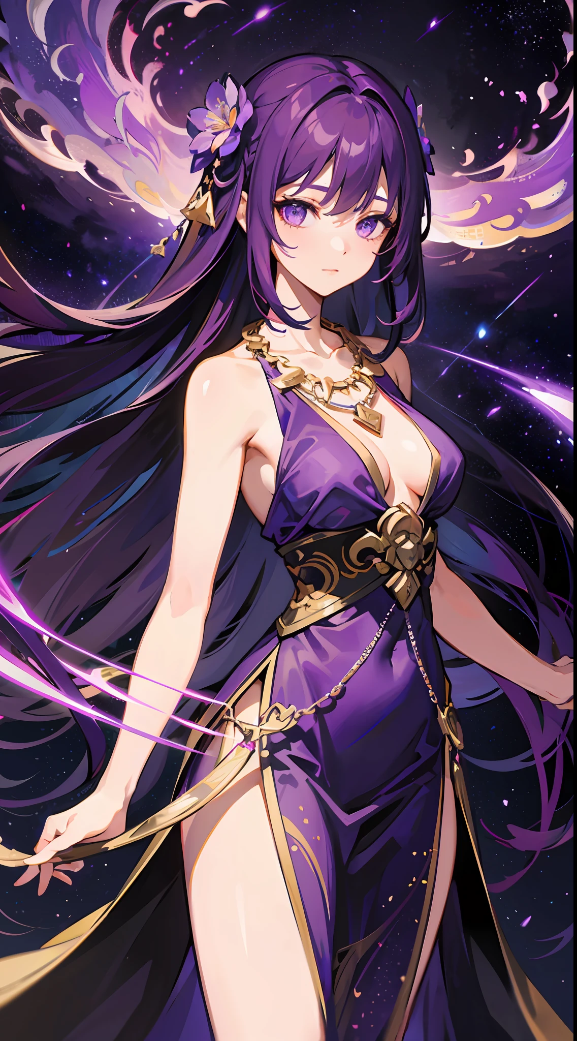 1girl, goddess, immortal, purple clothes, [hanfu|greek clothes], long dress, bare shoulders, purple hair, long hair, hair ornament, necklace, purple flames, starry skies, detailed background, cowboy shot