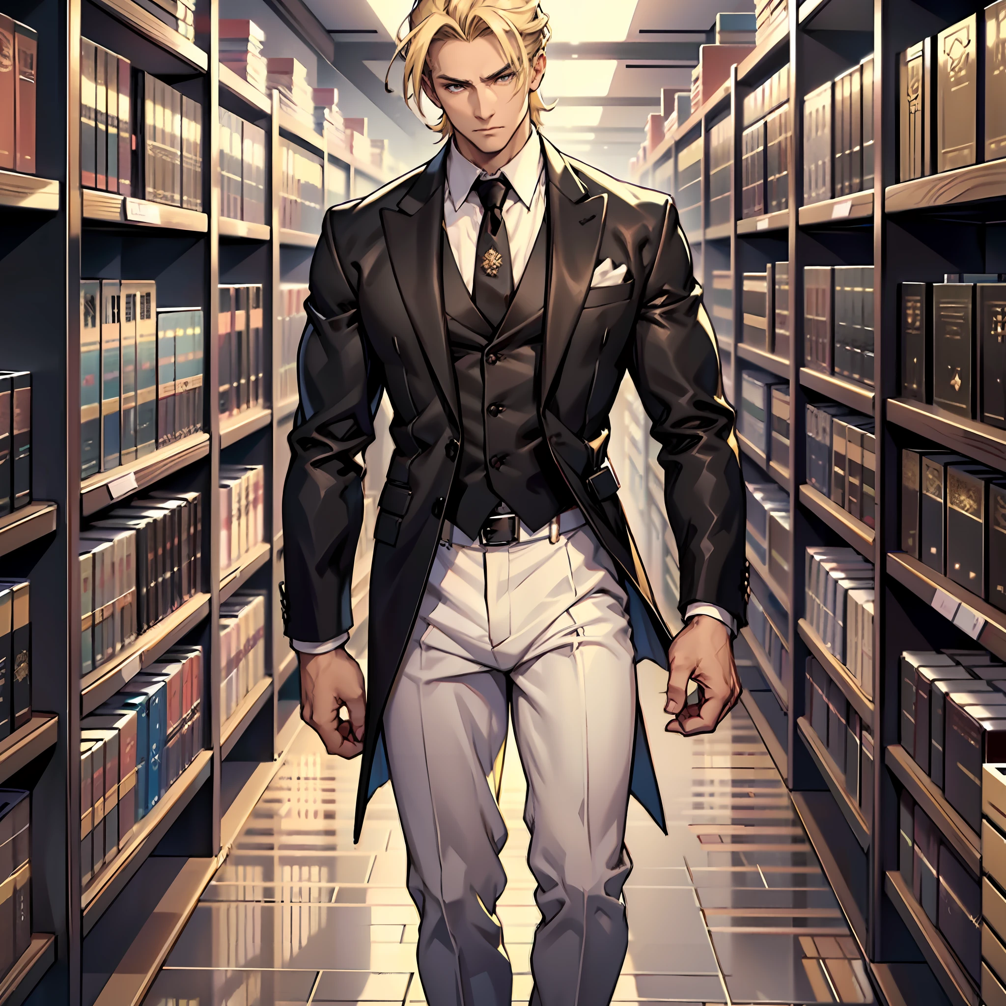 Gorgeous man, strong physique, black colored social blouse, long white pants, black colored social shoes, blonde hair split in the middle, straight hair, brown colored eyes, slender appearance, elegant, library scenery, brown tie, indifferent look, ancient kingdom, man in his 40s.