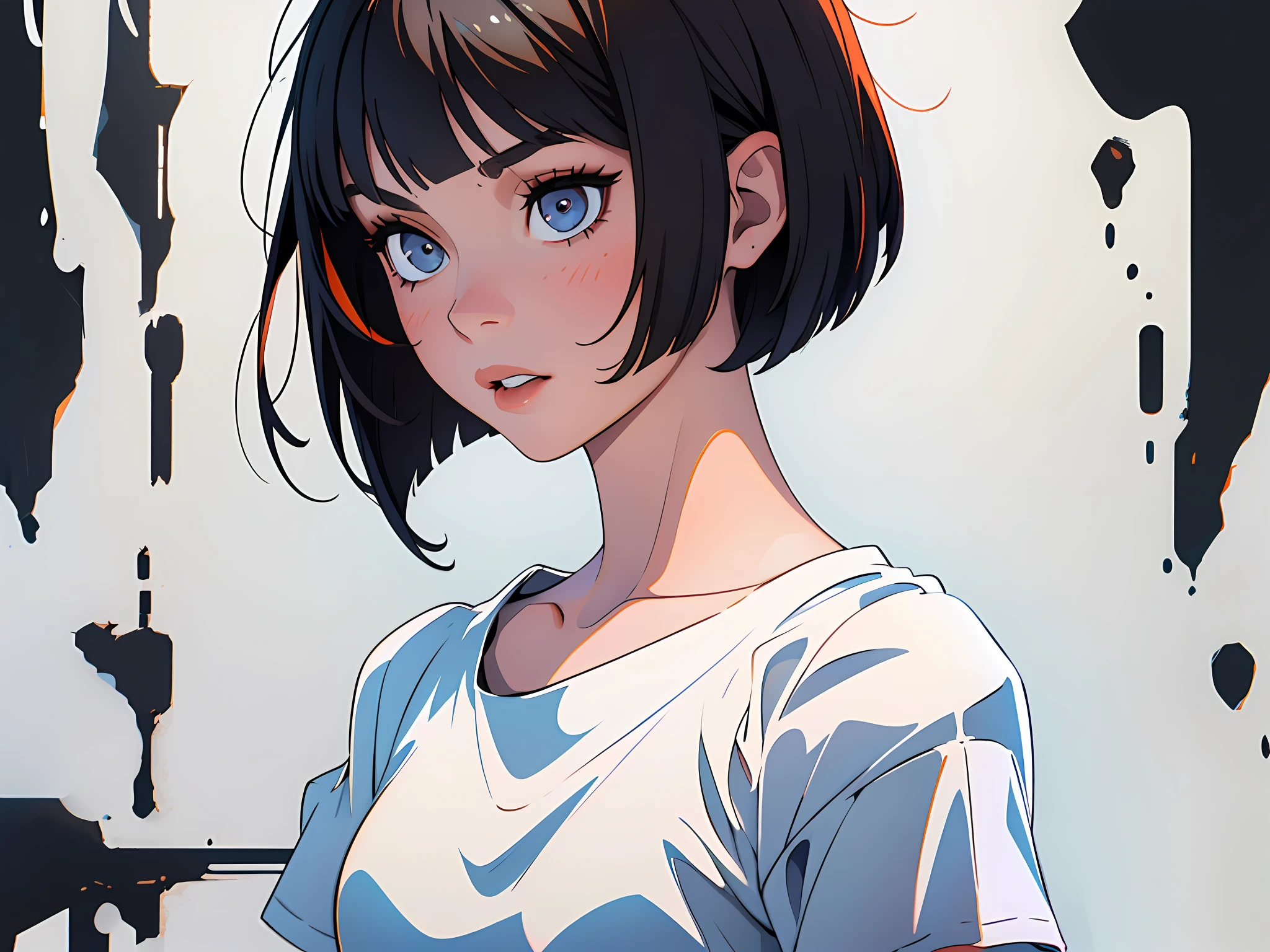 (best quality, masterpiece), 1girl, black bob cut hair, ((white tshirt)), confused face, eyes facing the walls, white background walls