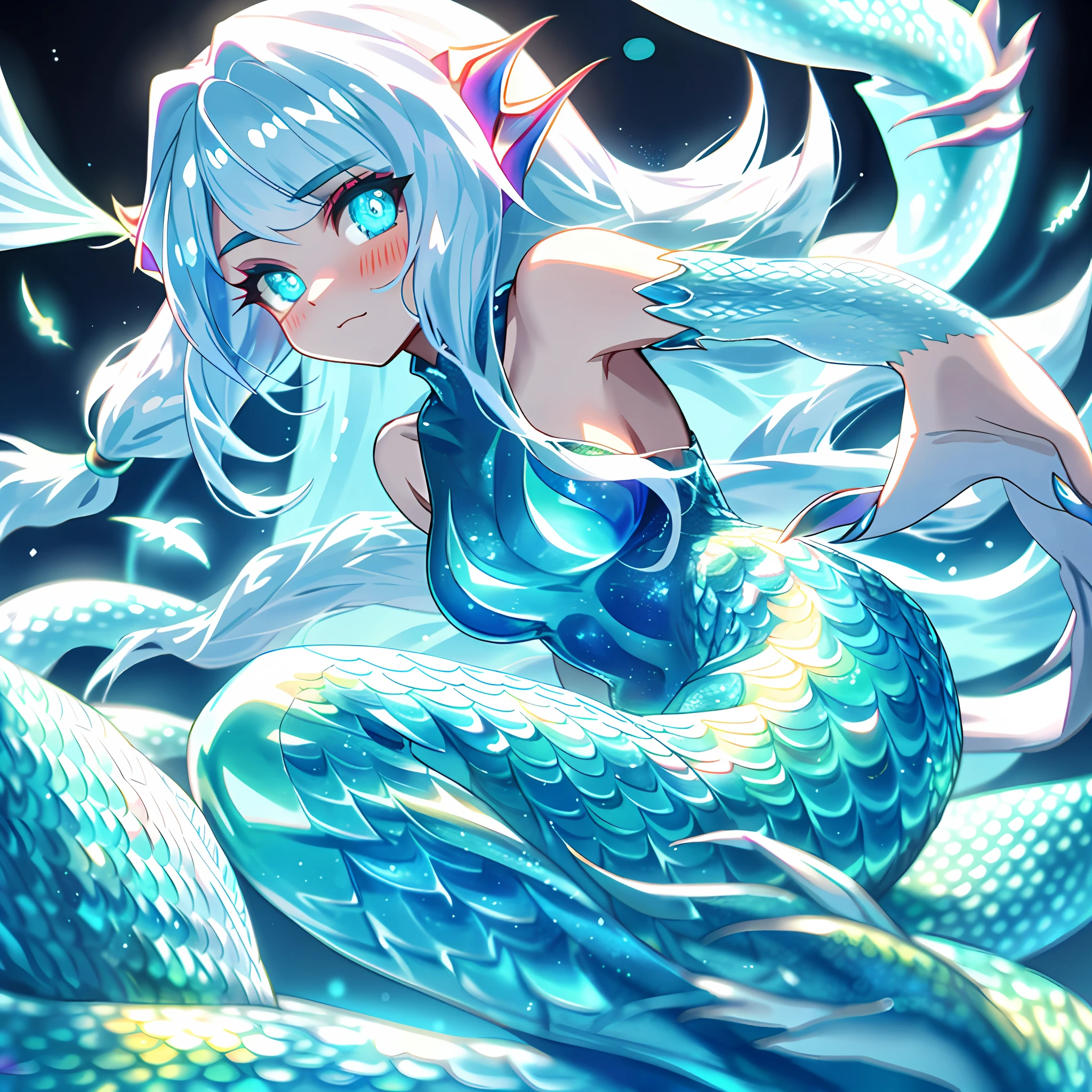 woman Mermaid ، hot body ,  Long hair, claws, cute face, eyes, scales, glowing , afraid
