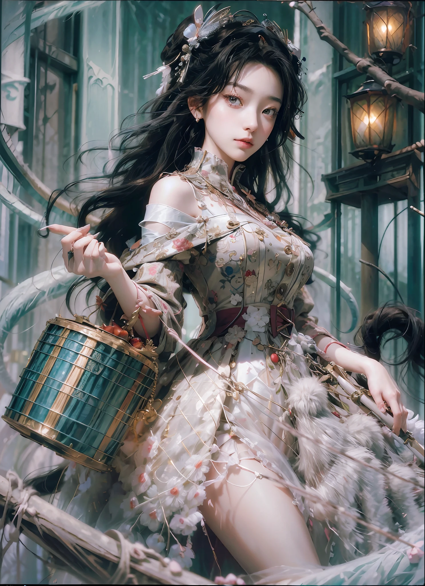 ((Best quality)), ((masterpiece)), (detailed) depiction of a captivating girl walking through the bustling streets of Harajuku on Halloween night, clad in a delightfully creepy costume adorned with an array of Halloween ornaments:1.4. She wears a white shirt and black skirt, the perfect canvas for her imaginative ensemble. Her hair is a mesmerizing display of iridescent rainbow colors, glowing with an otherworldly allure. A hair ornament adds an extra touch of whimsy and playfulness to her look. In one hand, she holds a bag eagerly awaiting a bounty of candy, while in the other hand, she cradles a creepy teddy bear, perfectly matching the theme of the occasion. The atmosphere is alive with excitement, as fireworks burst in the sky, casting a vibrant array of colors and adding a touch of magic to the scene. Bokeh lights shimmer in the background, creating a dreamlike ambiance that accentuates the girl's ethereal presence. The city crowd provides a lively and dynamic backdrop, with their blurred figures adding a sense of energy and movement to the composition. Every detail, from the intricate Halloween ornaments to the hyper-detailed rendering of the girl's costume and hair, is meticulously crafted to create a visually stunning image. The overall result is a celebration of the girl's unique style, the vibrant atmosphere of Harajuku, and the enchanting spirit of Halloween, hyper realistic, intricate design, insanely detailed, extremely fine details, Extremely sharp lines, cinematic lighting, Photo realistic, a detailed painting by Esao Andrews and Anton Fadeev, Raw photo, high detailed, 8k, UHD, dslr, softlighting, HDR, warm light, high quality, film grain, fujifilm XT3, photorealistic, masterpiece, best quality, hyper-detailed, 8K, warm lighting, soft lighting, masterpiece, best quality, detailed, highest quality, ultra detailed, highres, cinematic light, splendid and colorful, out of focus, RAW photograph, art portrait, absurdres, high contrast, colorful, highest det