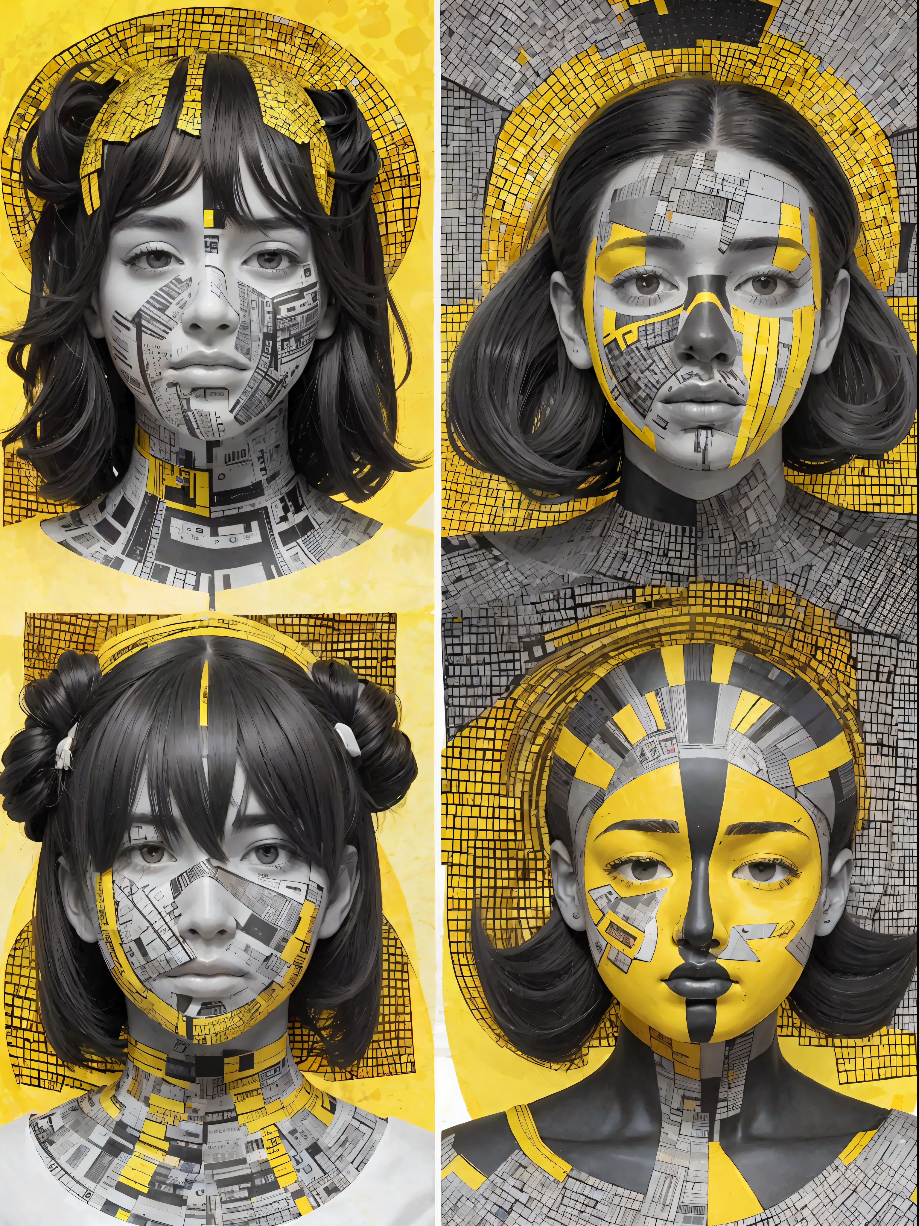 a closeup of a yellow and black face with a black background, three heads, 3 heads, high resolution print: 1 cmyk :1, giant ruins of the golden head statue, heads, head, many heads, by Eduardo Paolozzi, symmetic face, three heads one body, inspired by Sir Jacob Epstein, symmetrical face, faces with muscular skin --auto --s2